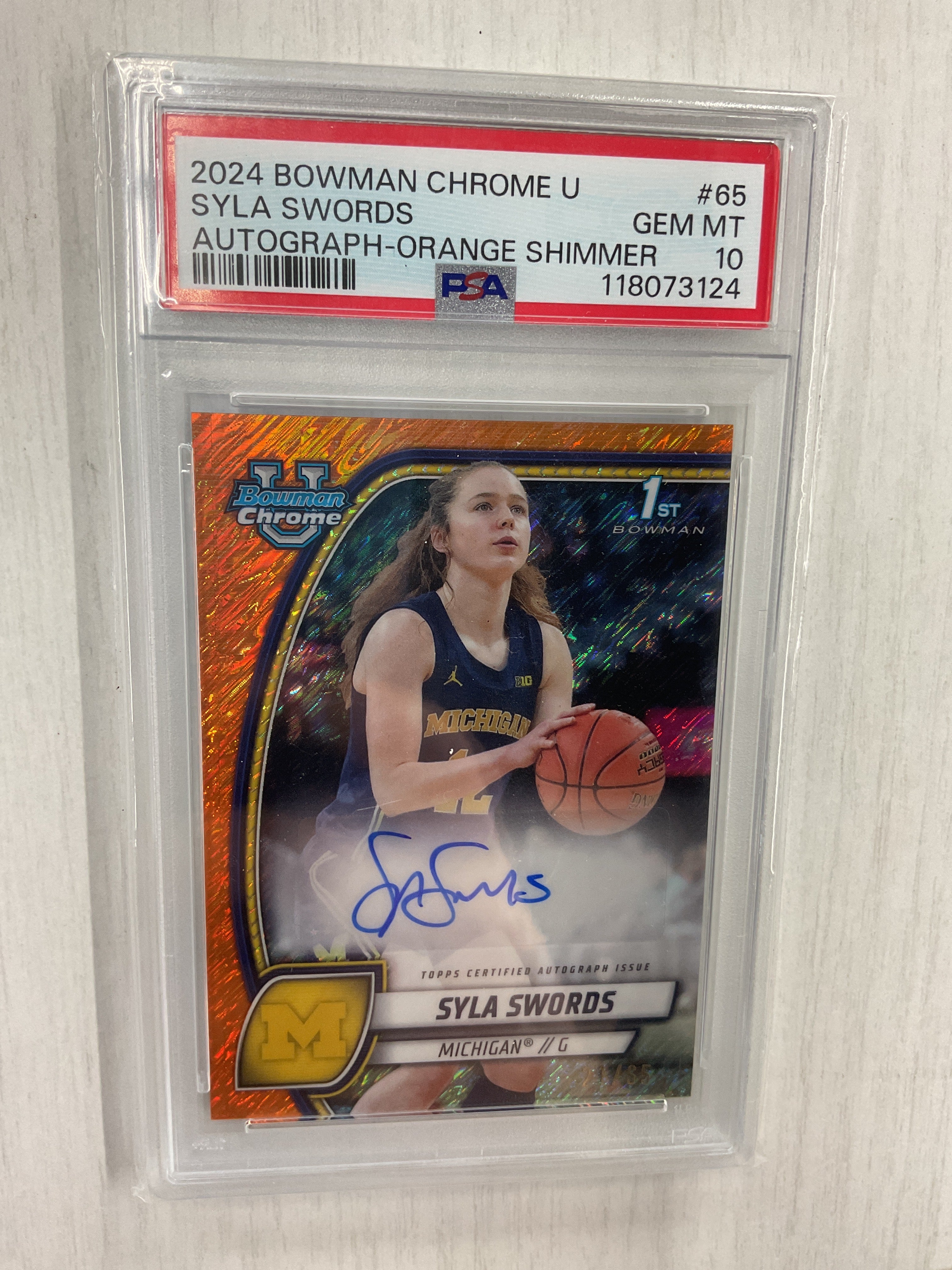 2024 Bowman U Syla Swords Orange Shimmer /65 Auto PSA 10