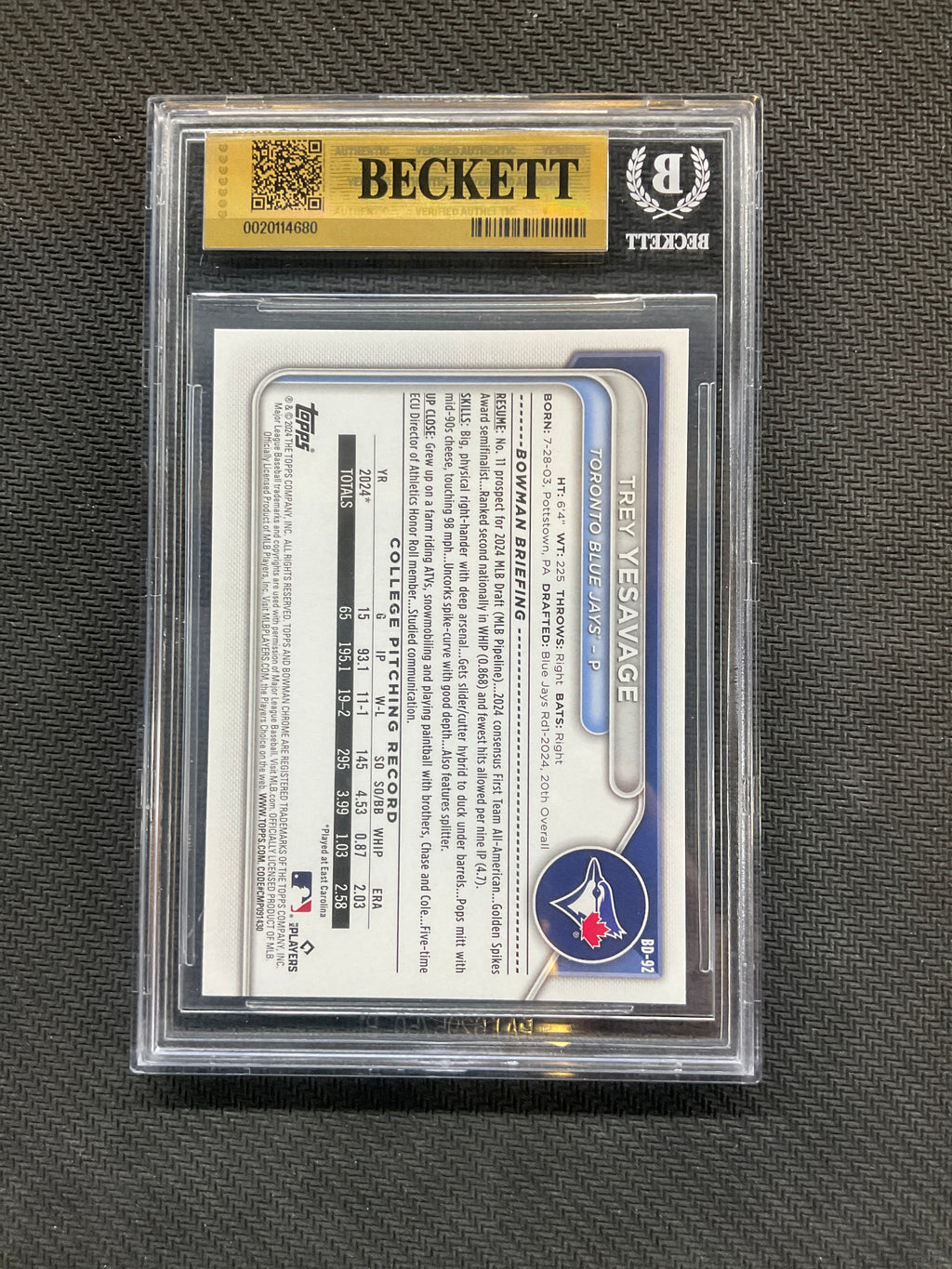 2024 Bowman Draft Trey Yesavage BGS 10 Blue Jays 680