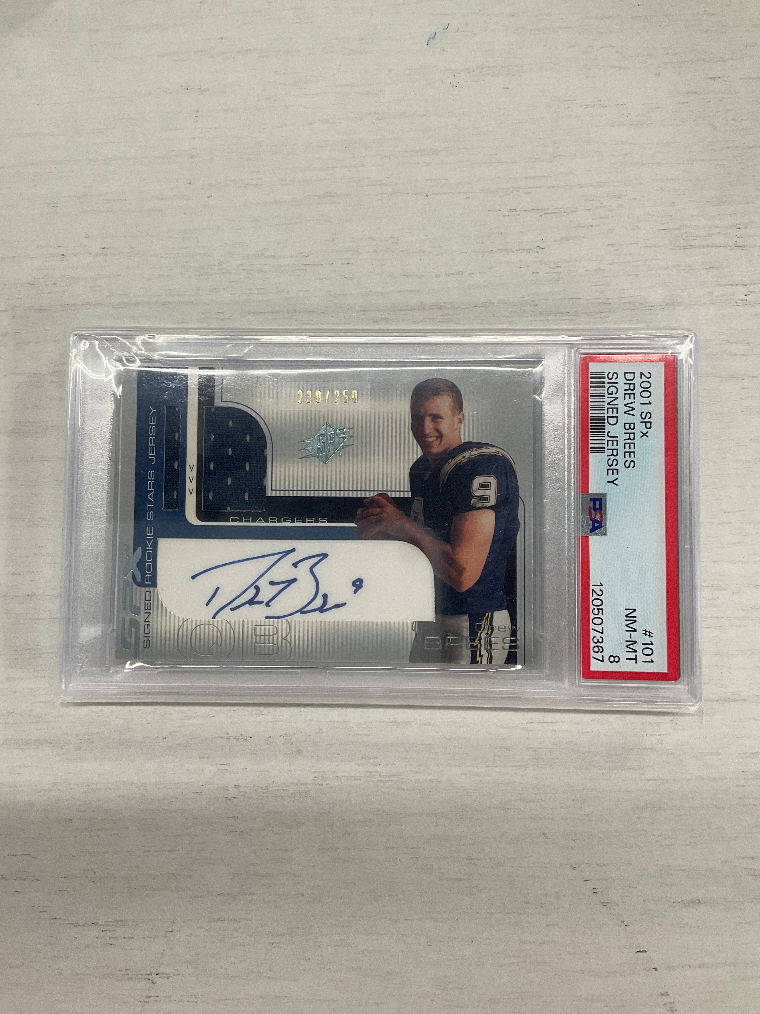 2001 SPx Drew Brees Patch Auto /250 PSA 8