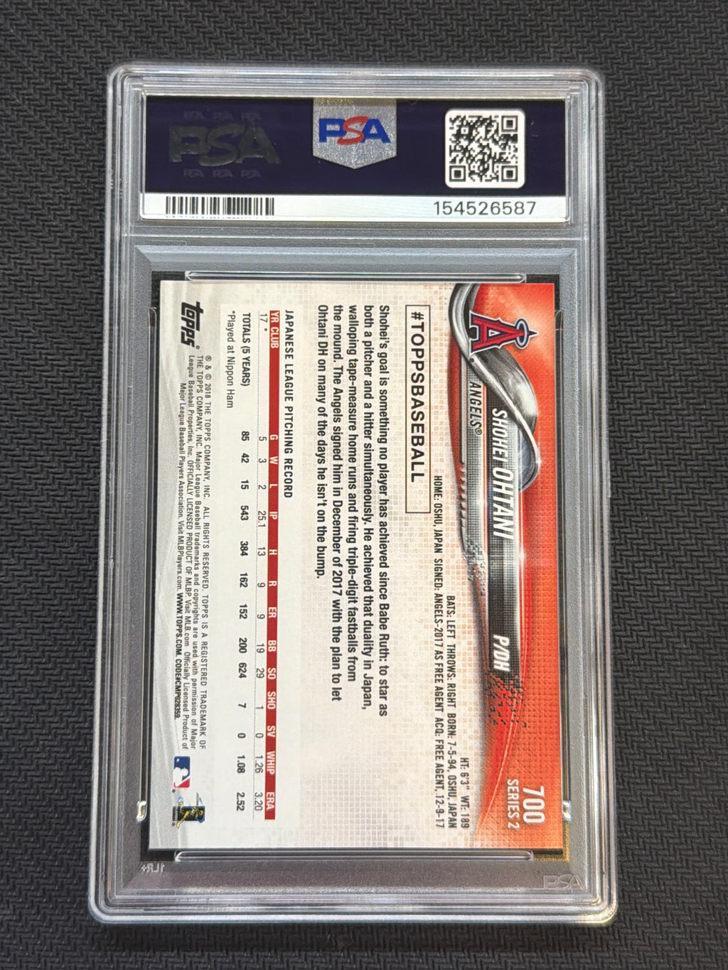 2018 Topps Shohei Ohtani Pitching #700 PSA 10 587
