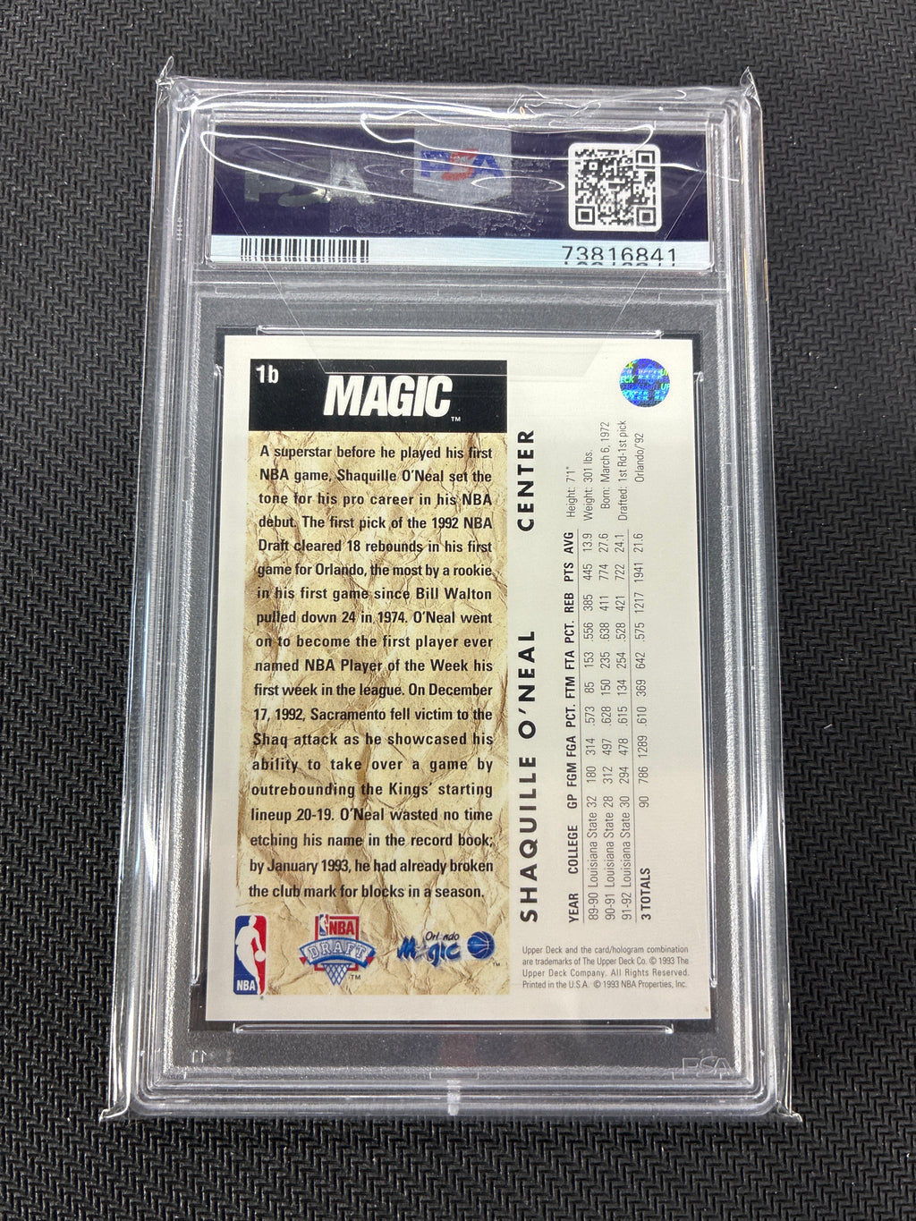1992 Upper Deck Shaquille O'Neal Trade Card PSA 10 Magic