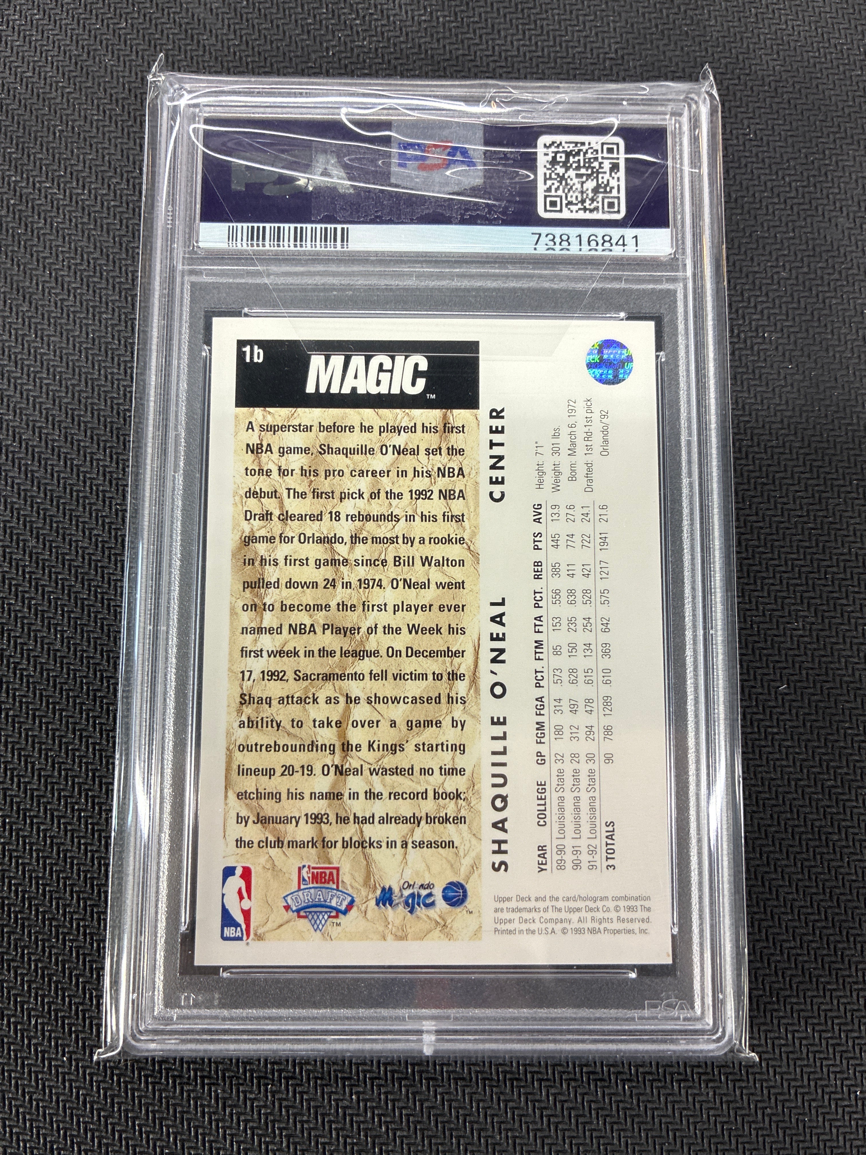 1992 Upper Deck Shaquille O'Neal Trade Card PSA 10 Magic