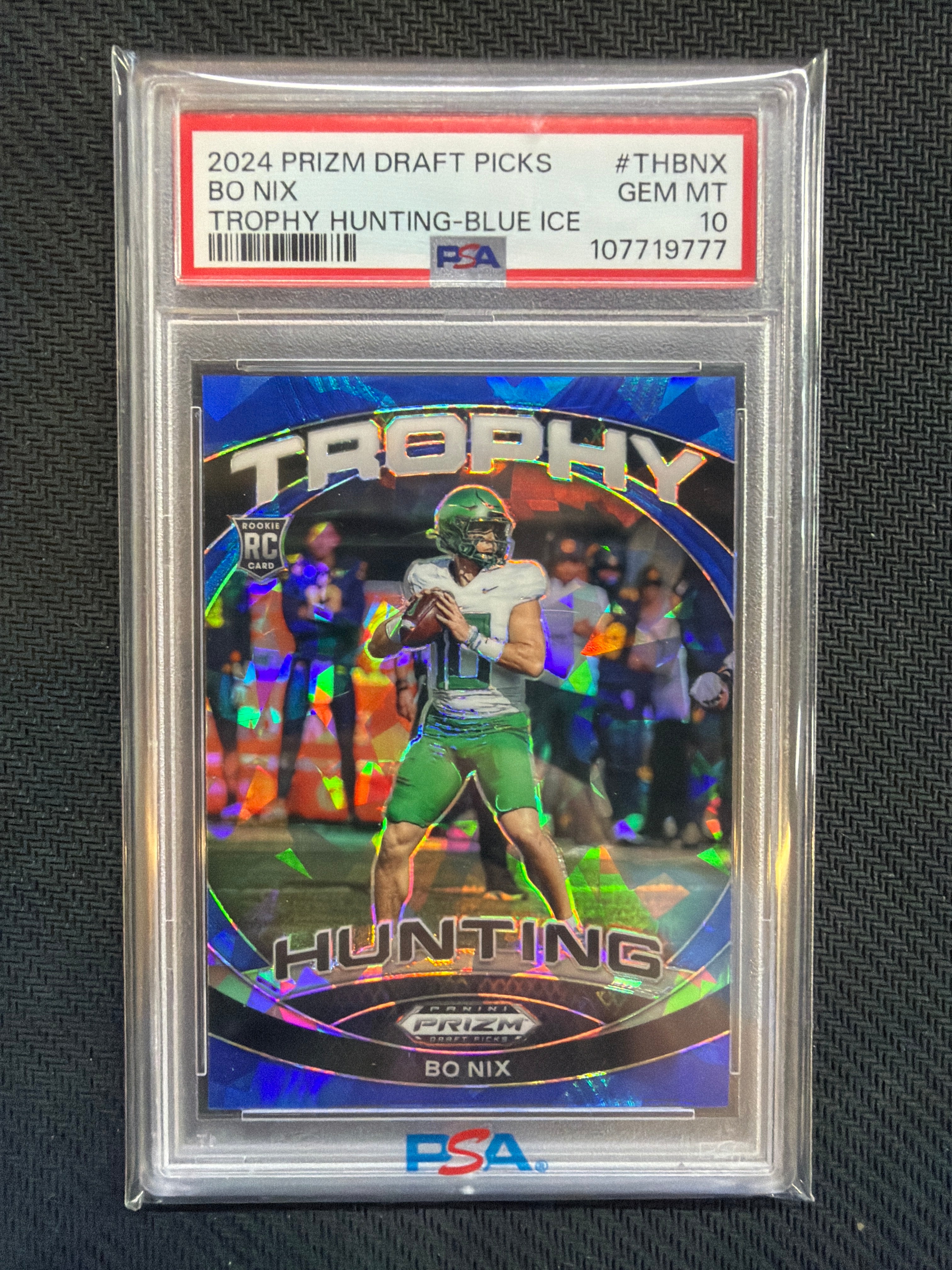 2024 Prizm Draft Picks Bo Nix Trophy Hunting Blue Ice /99 PSA 10 Oregon