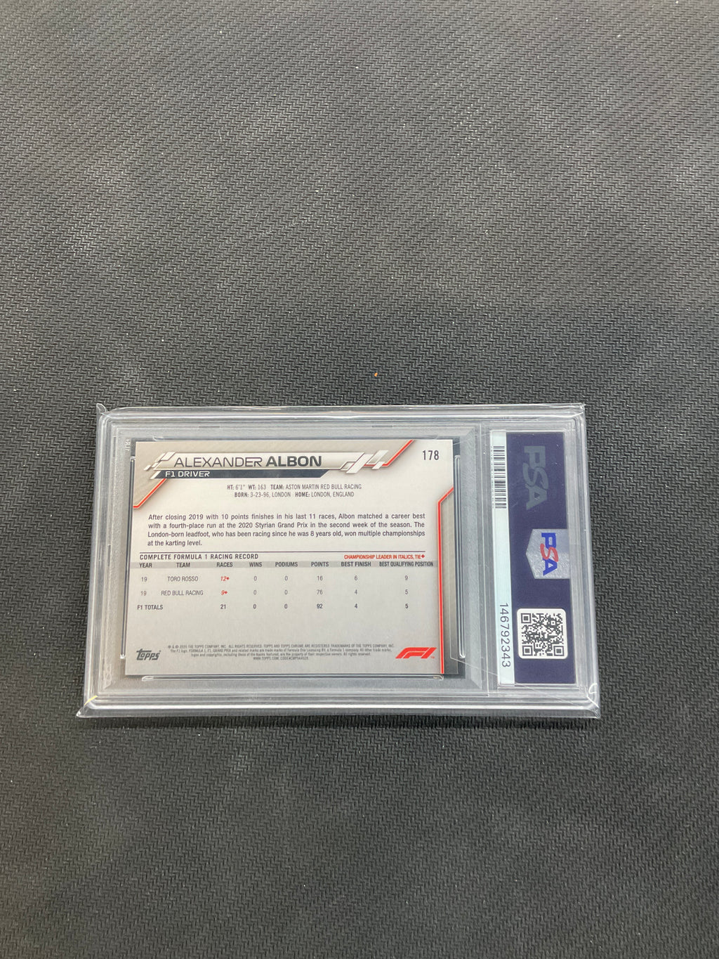 2020 Topps Chrome F1 Alexander Albon Rookie #178 PSA 10 Red Bull