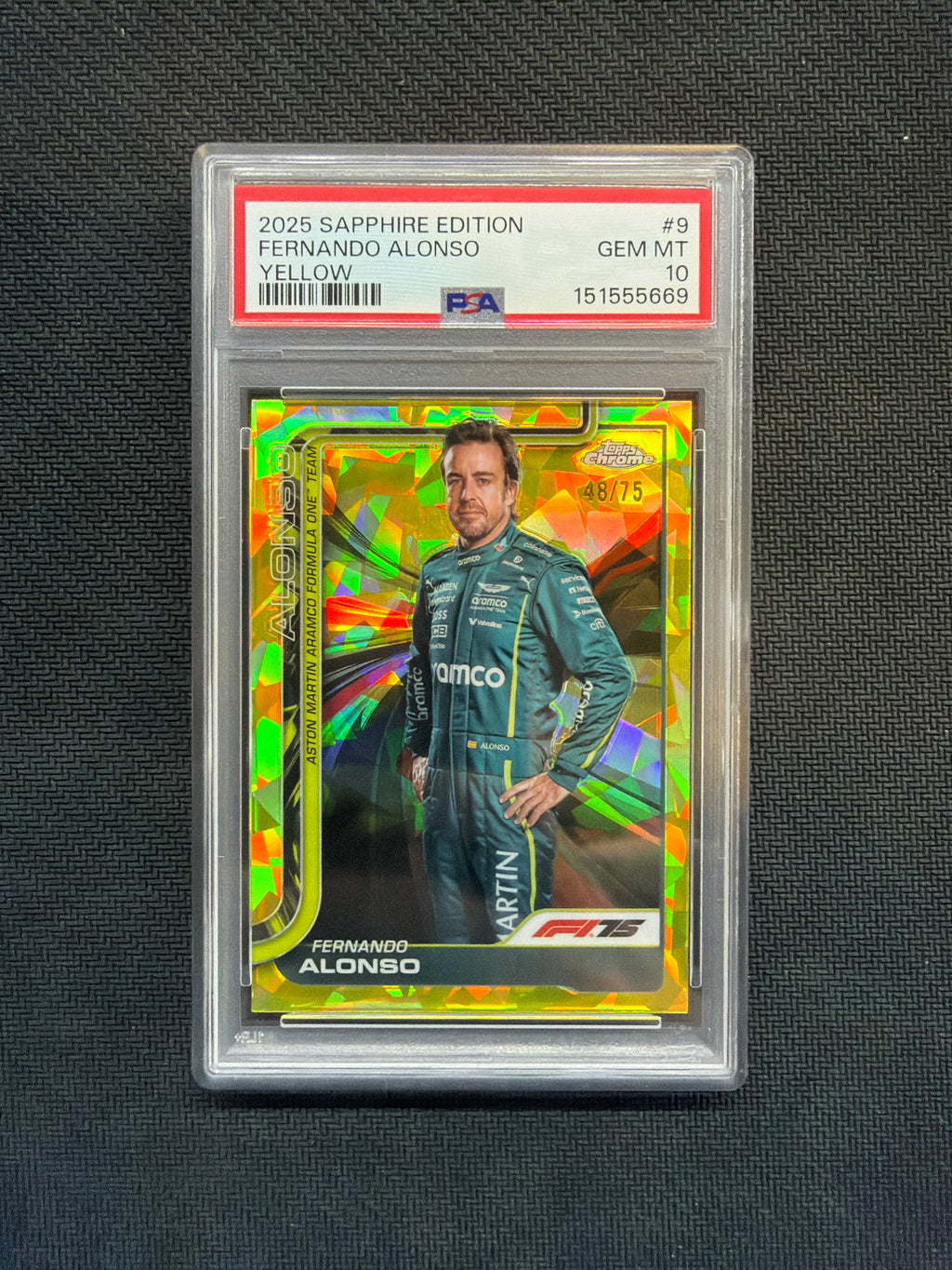 2025 Topps Chrome F1 Sapphire Fernando Alonso Yellow /75 PSA 10