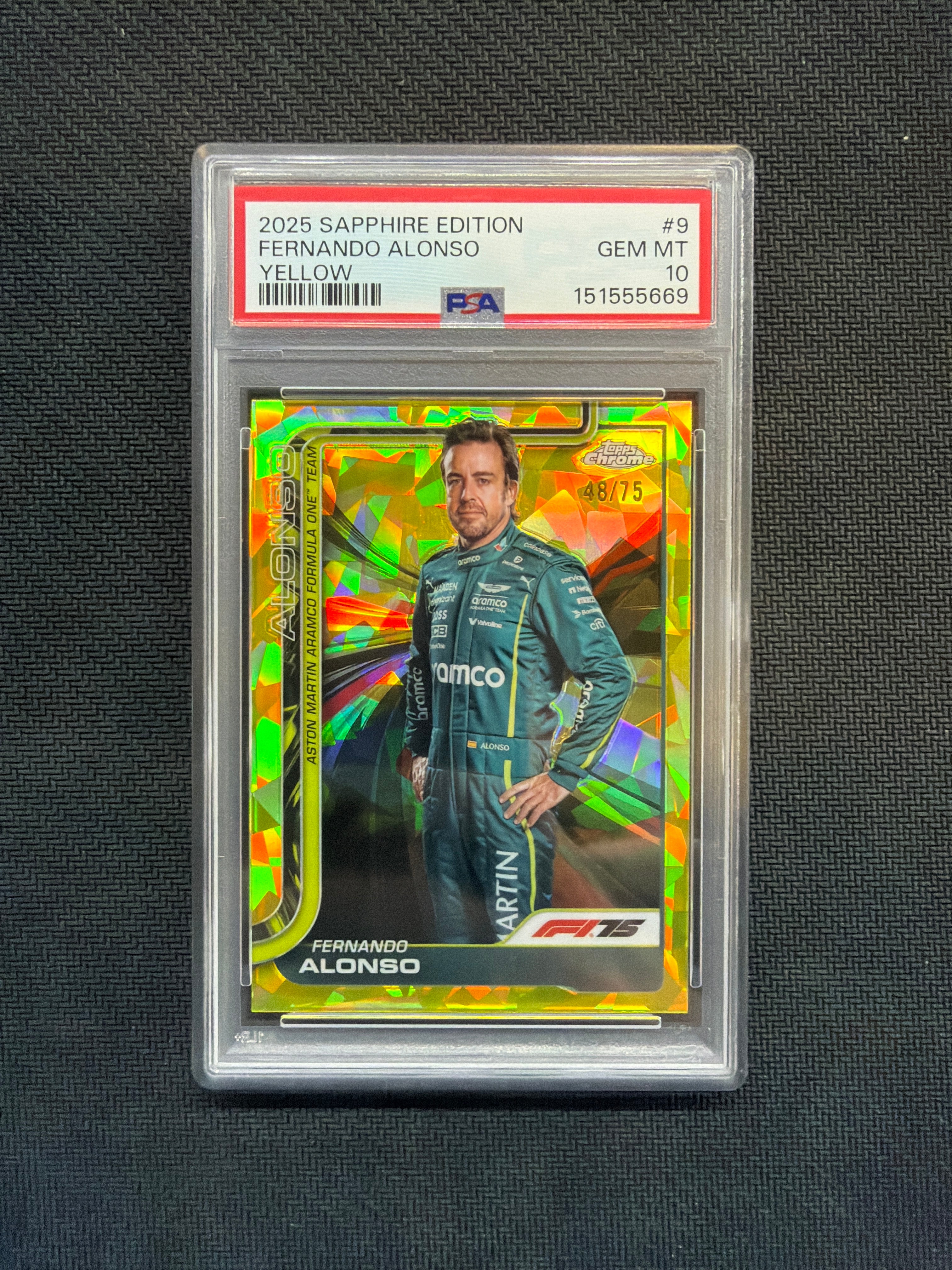 2025 Topps Chrome F1 Sapphire Fernando Alonso Yellow /75 PSA 10