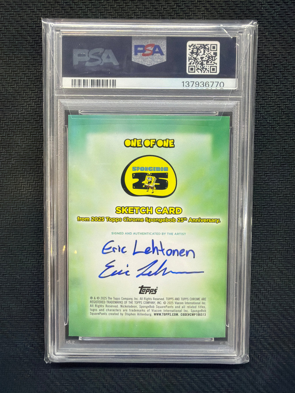 2025 Topps Chrome Spongebob Eric Lehtonen Sqongebob Squarepants Sketch Auto 1/1 PSA 8