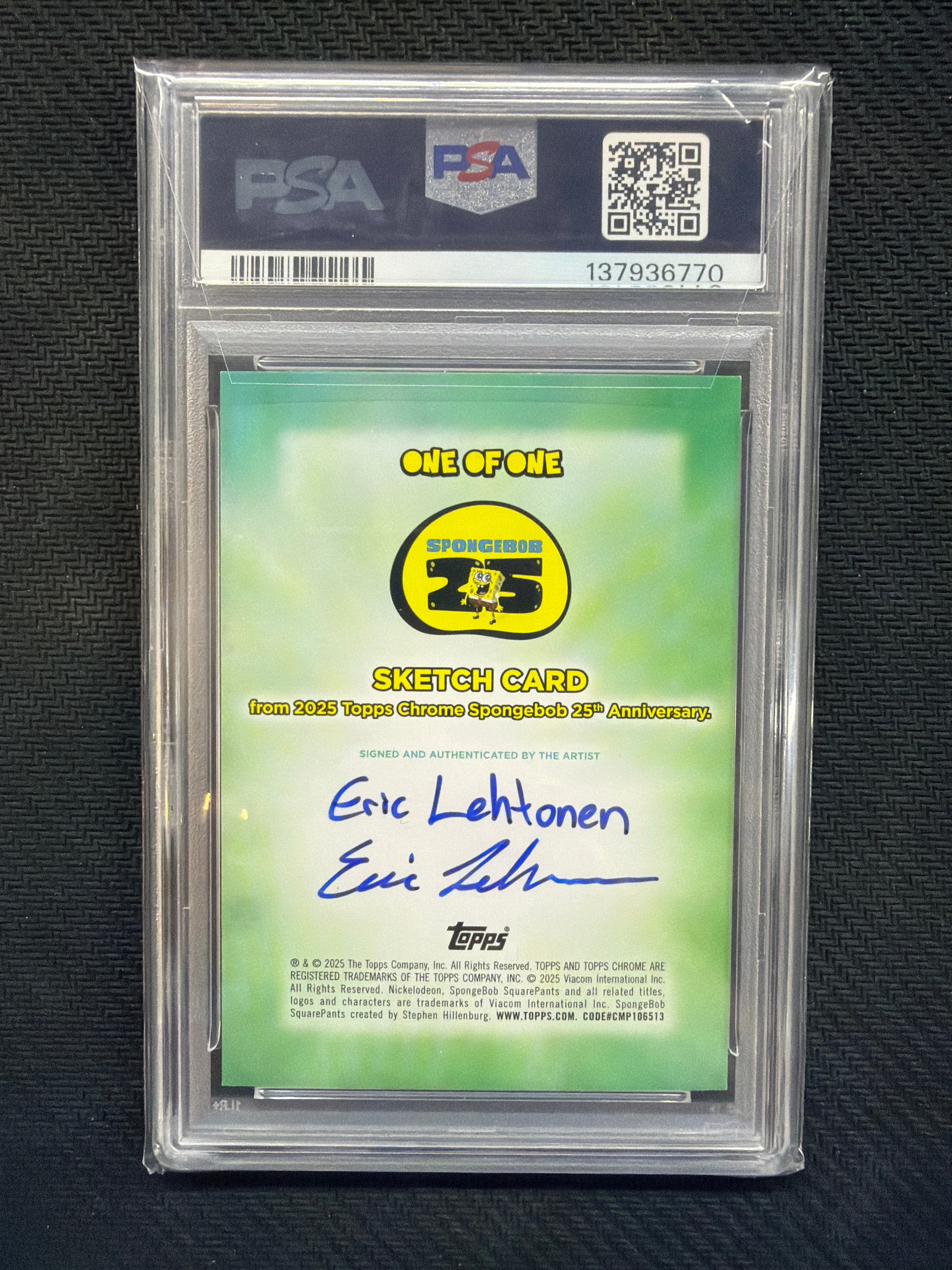 2025 Topps Chrome Spongebob Eric Lehtonen Sqongebob Squarepants Sketch Auto 1/1 PSA 8