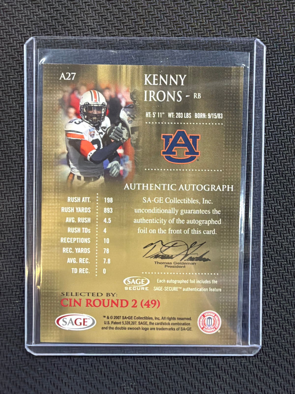 2007 Sage Kenny Irons Rookie Auto Auburn