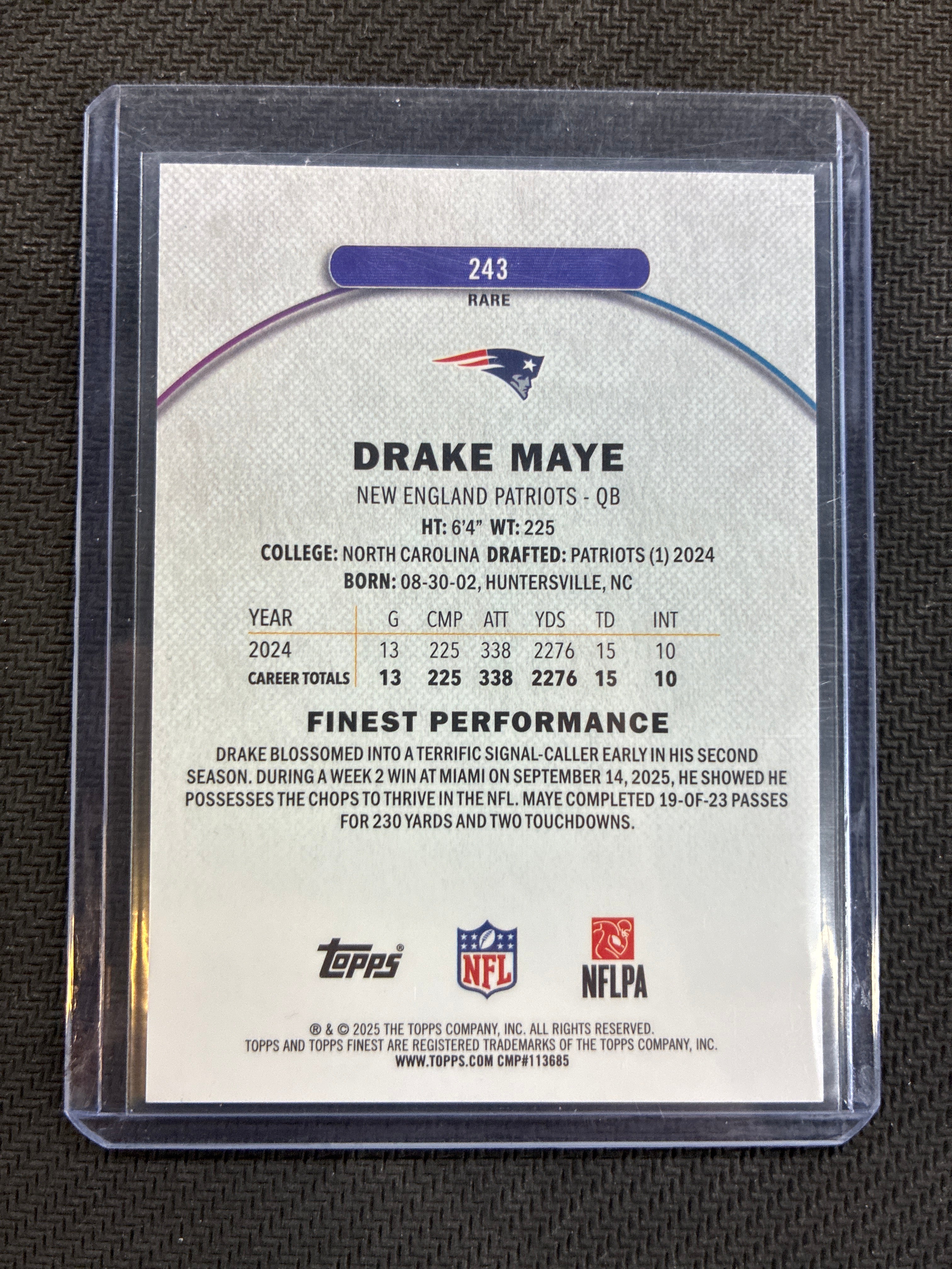 2025 Topps Finest Drake Maye Black Rare Parallel /10 Patriots