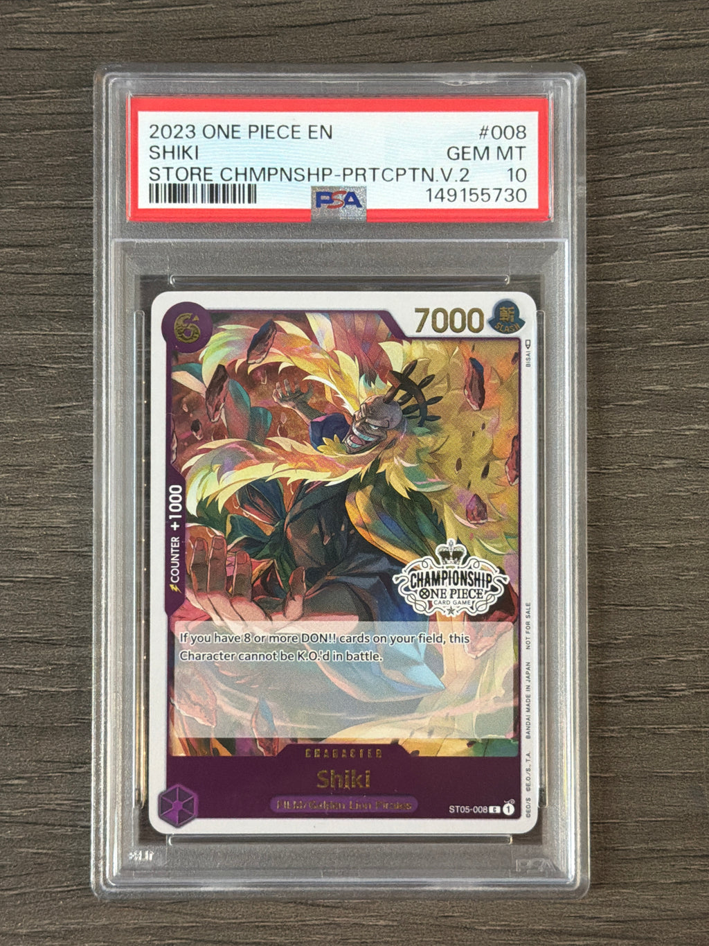 2023 ONE PIECE PROMOS 008 SHIKI STORE CHAMPIONSHIP-PARTICIPATION VOL.2 PSA 10 730