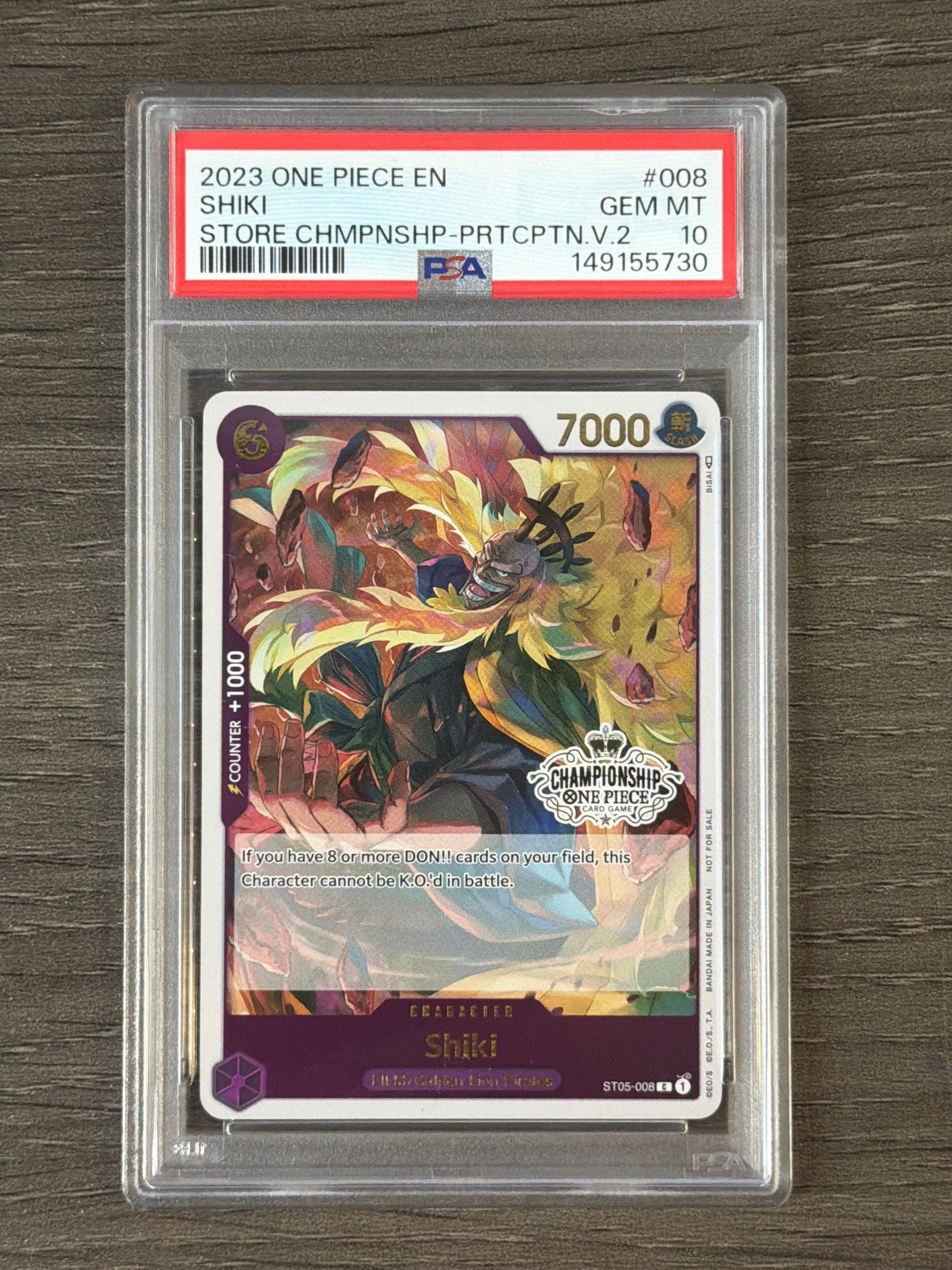 2023 ONE PIECE PROMOS 008 SHIKI STORE CHAMPIONSHIP-PARTICIPATION VOL.2 PSA 10 730