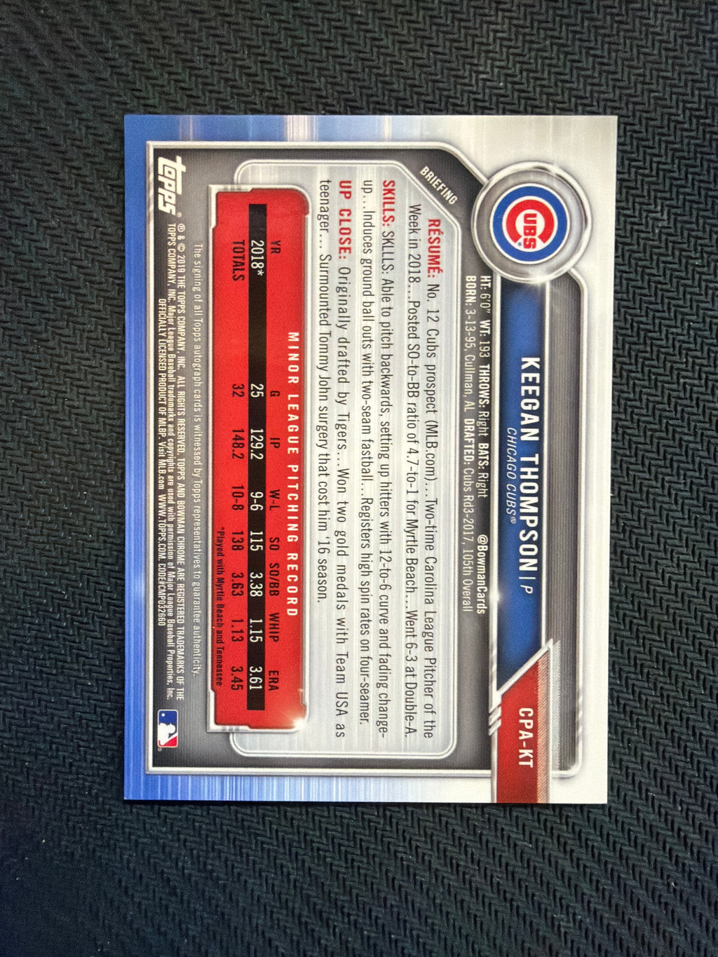 2019 Bowman Keegan Thompson Rookie Auto Gold /50 Cubs Auburn