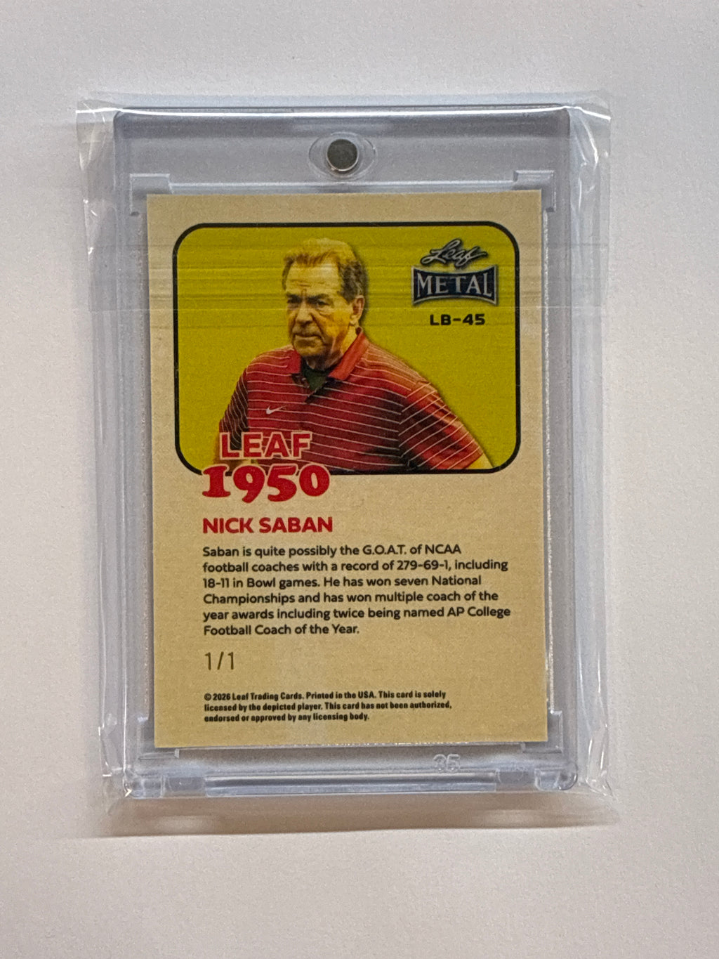 2026 Leaf Metal 1950 Nick Saban Gold Vinyl 1/1 Alabama