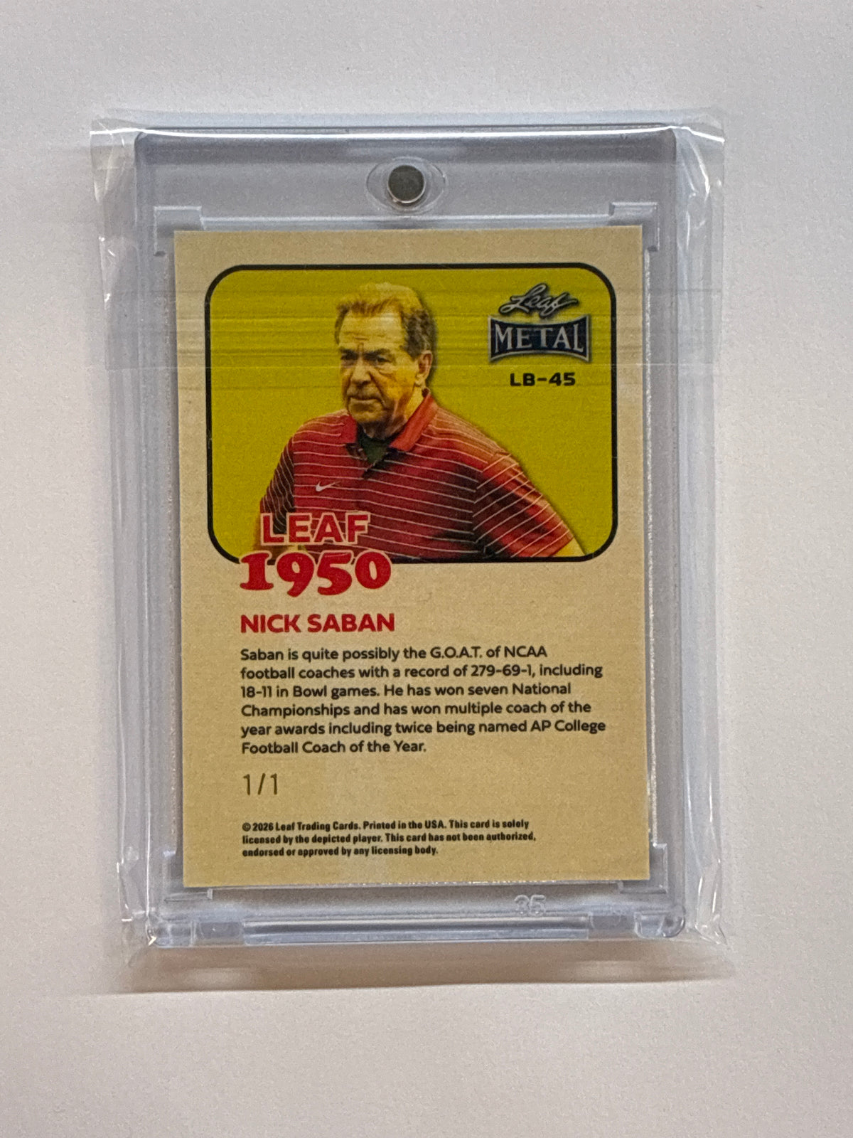 2026 Leaf Metal 1950 Nick Saban Gold Vinyl 1/1 Alabama