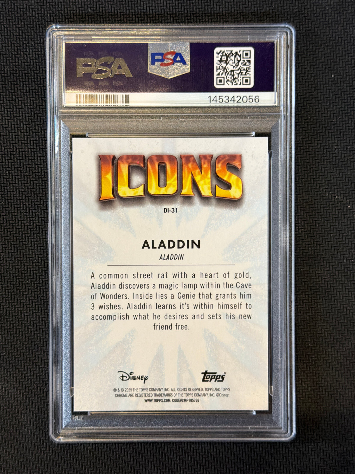 2025 Topps Chrome Disney Aladdin Disney Icons Mickey R&B Refractor PSA 8