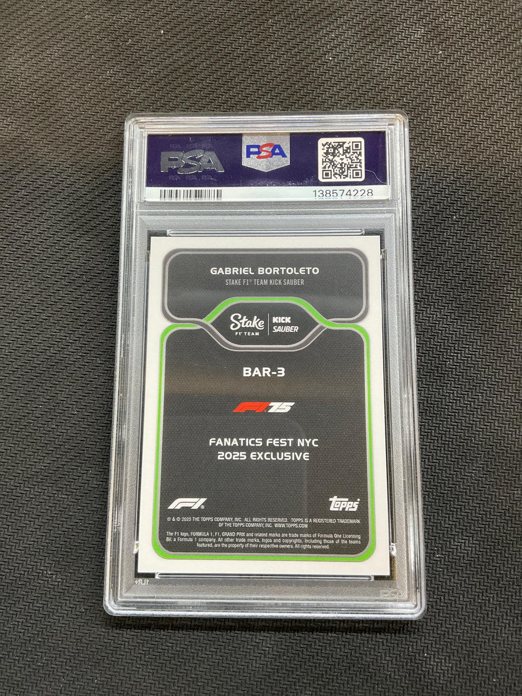 2025 Topps F1 Fanatics Fest Gabriel Bortoleto Big Apple Rookie /25 PSA 10