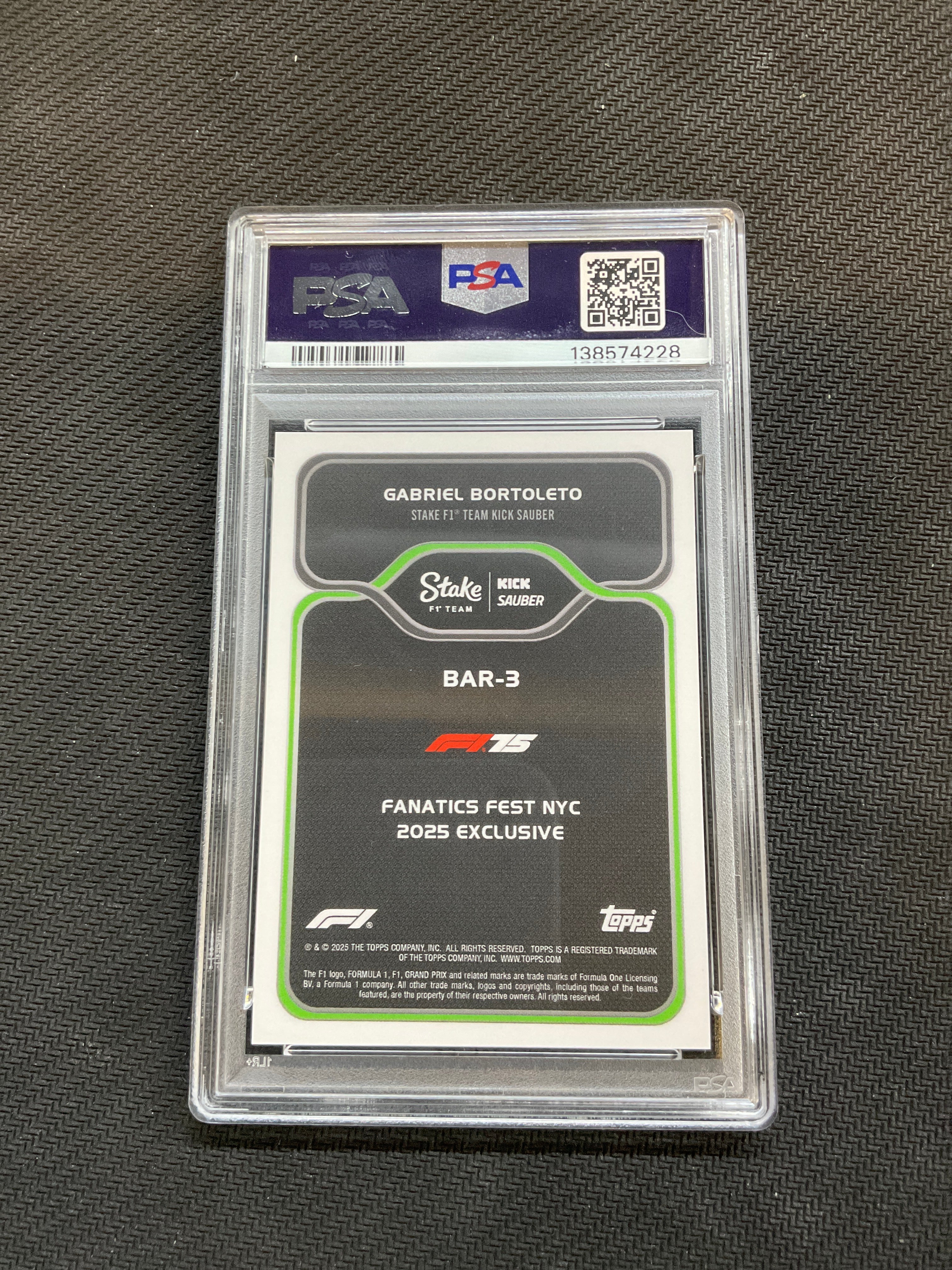 2025 Topps F1 Fanatics Fest Gabriel Bortoleto Big Apple Rookie /25 PSA 10