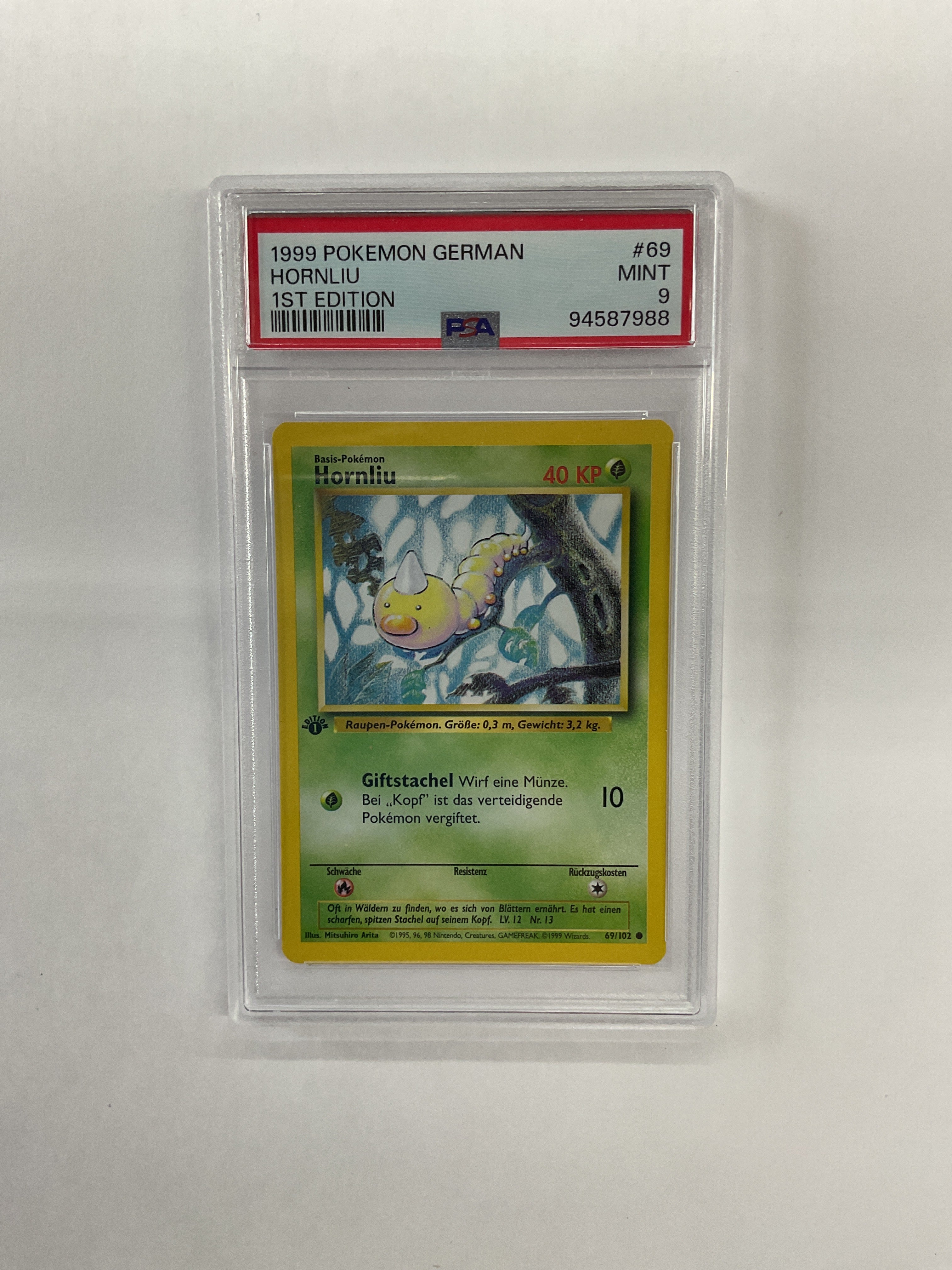 1999 German Pokemon 1st Edition Hornliu (Weedle) 69 PSA 9