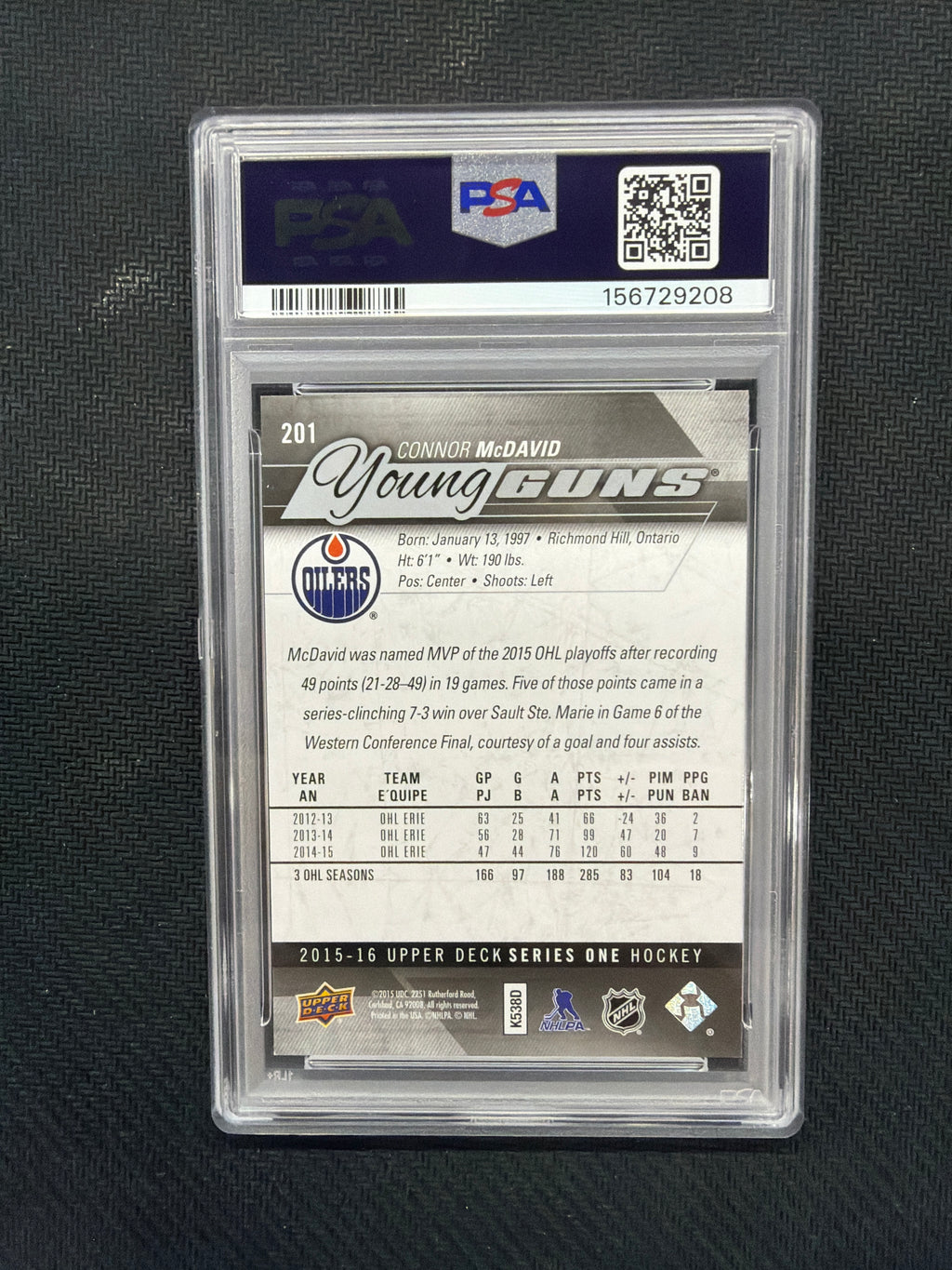 2015 Upper Deck Connor McDavid Young Guns PSA 9 Oilers