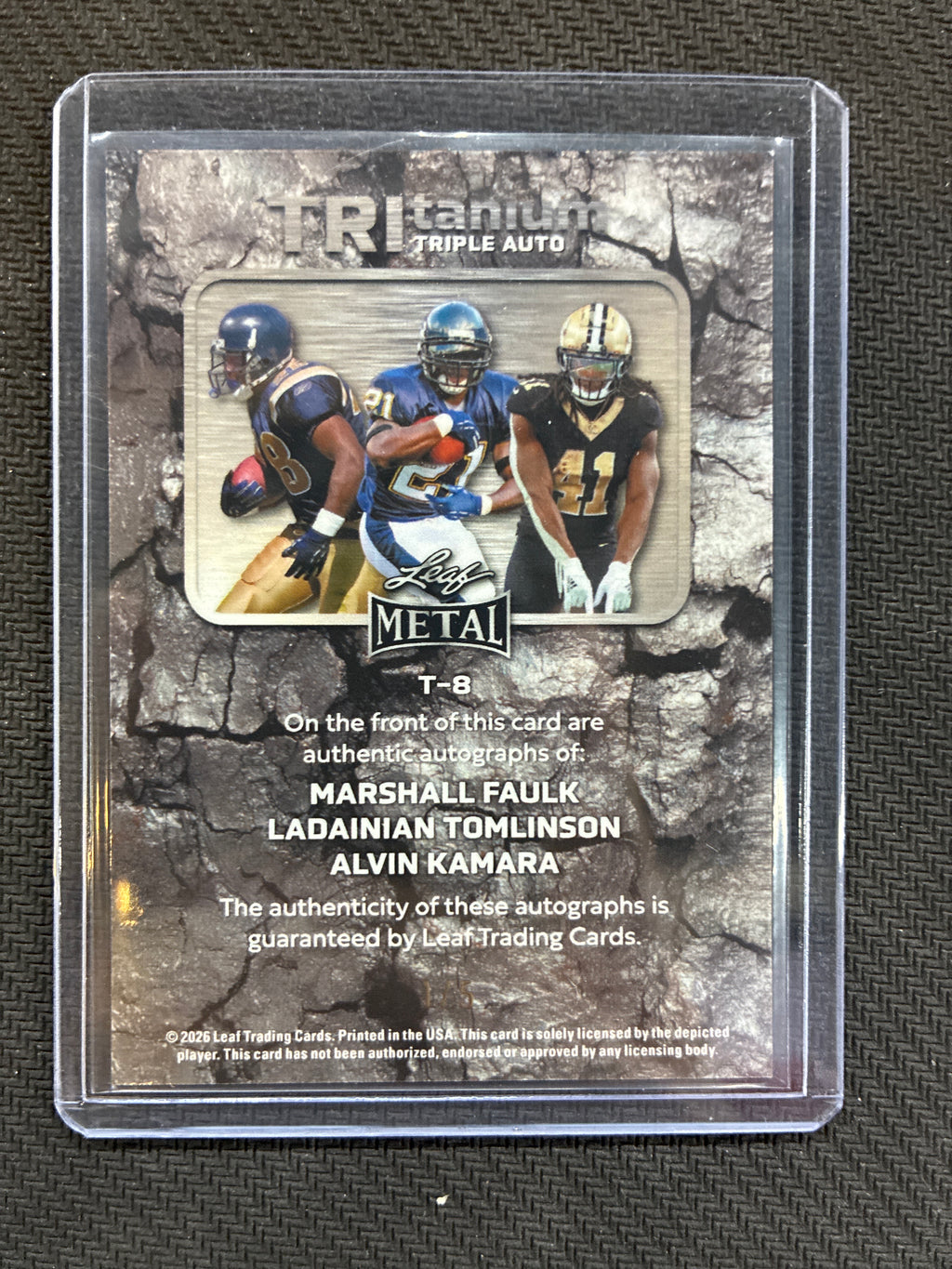 2026 Leaf Metal TRItanium Marshall Faulk Ladainian Tomlinson Alvin Kamara Triple Auto /5 Rams Chargers Saints