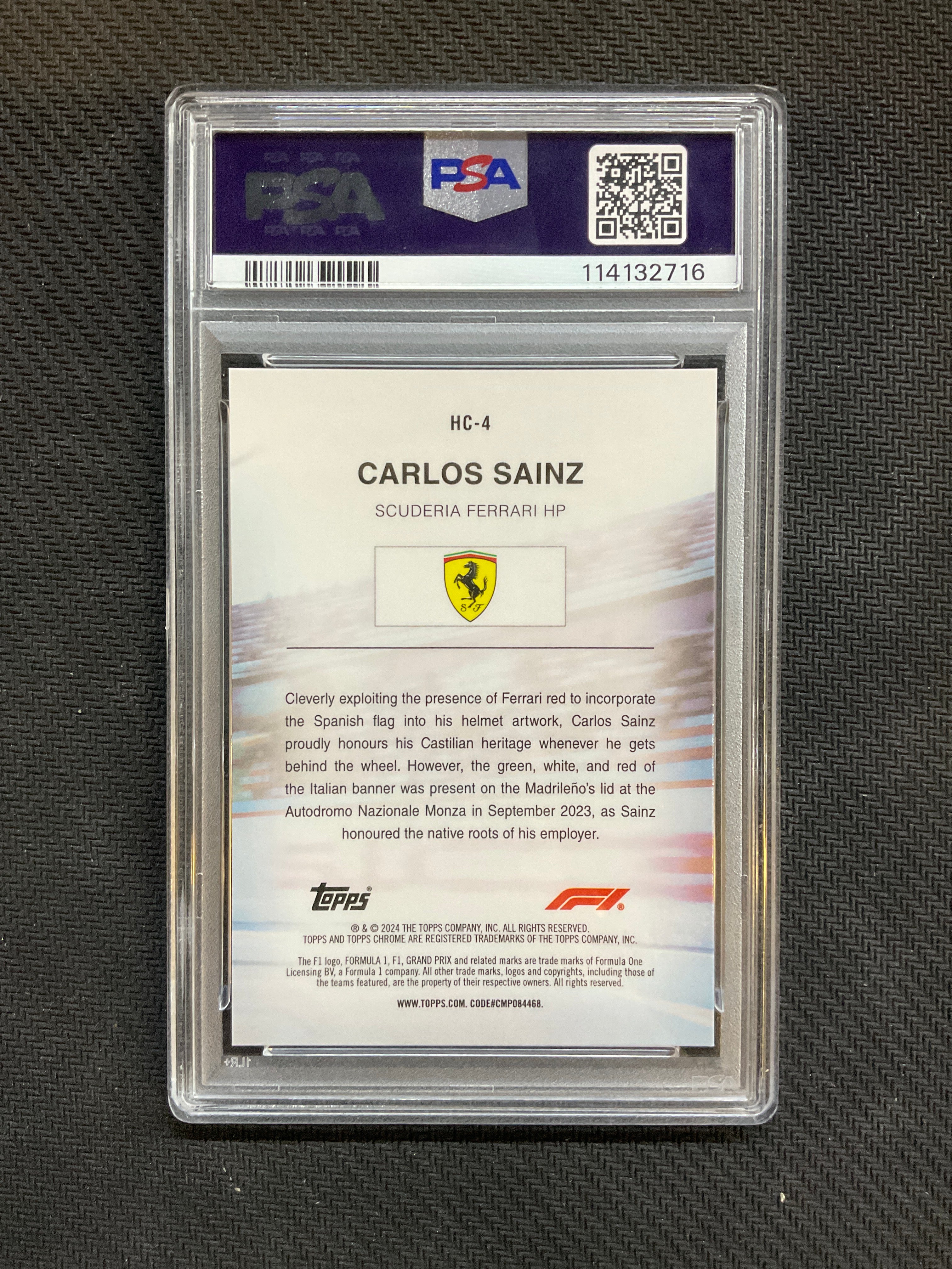 2024 Topps Chrome F1 Sapphire Carlos Sainz Gold /50 PSA 9 Helmet Ferrari