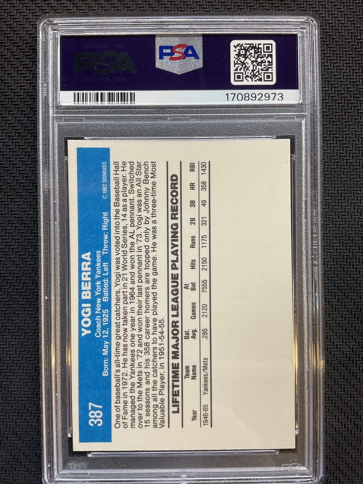 1982 Donruss #387 Yogi Berra PSA 9
