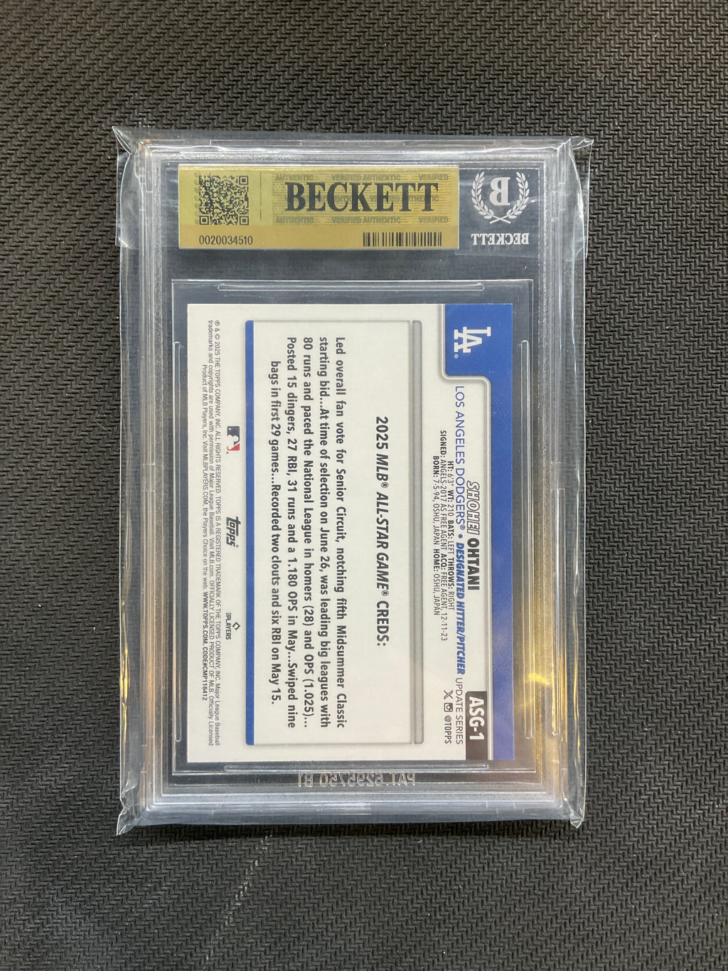 2025 Topps Update All Star Game Shohei Ohtani Rainbow Foil BGS 9.5 Dodgers