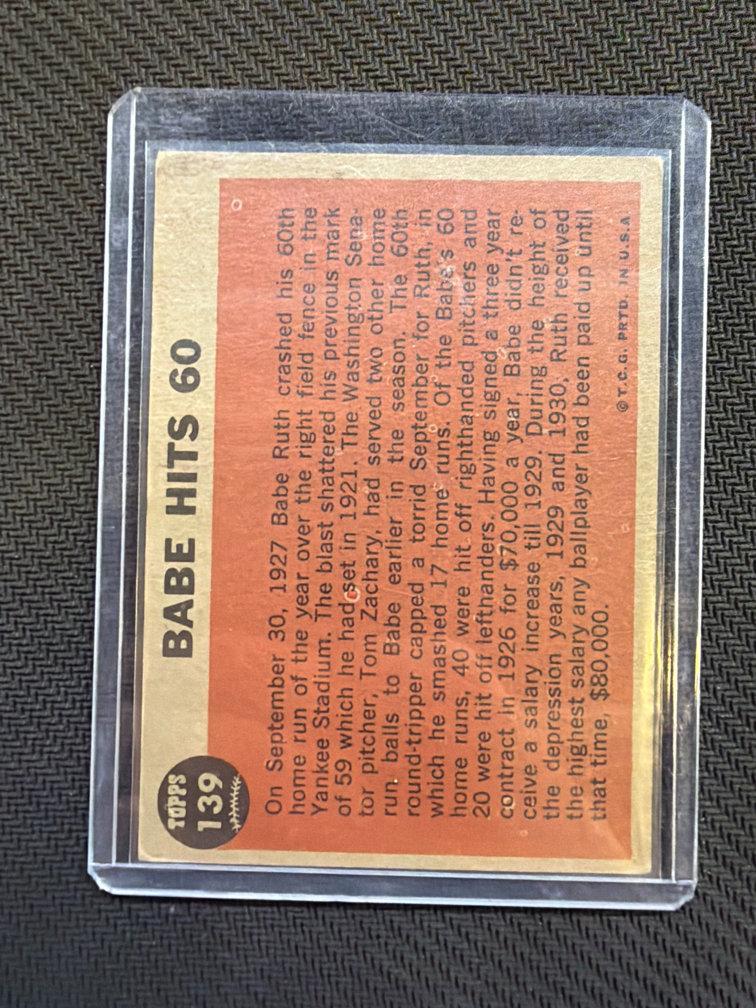 1962 Topps Babe Ruth Babe Hits 60 #139 Yankees