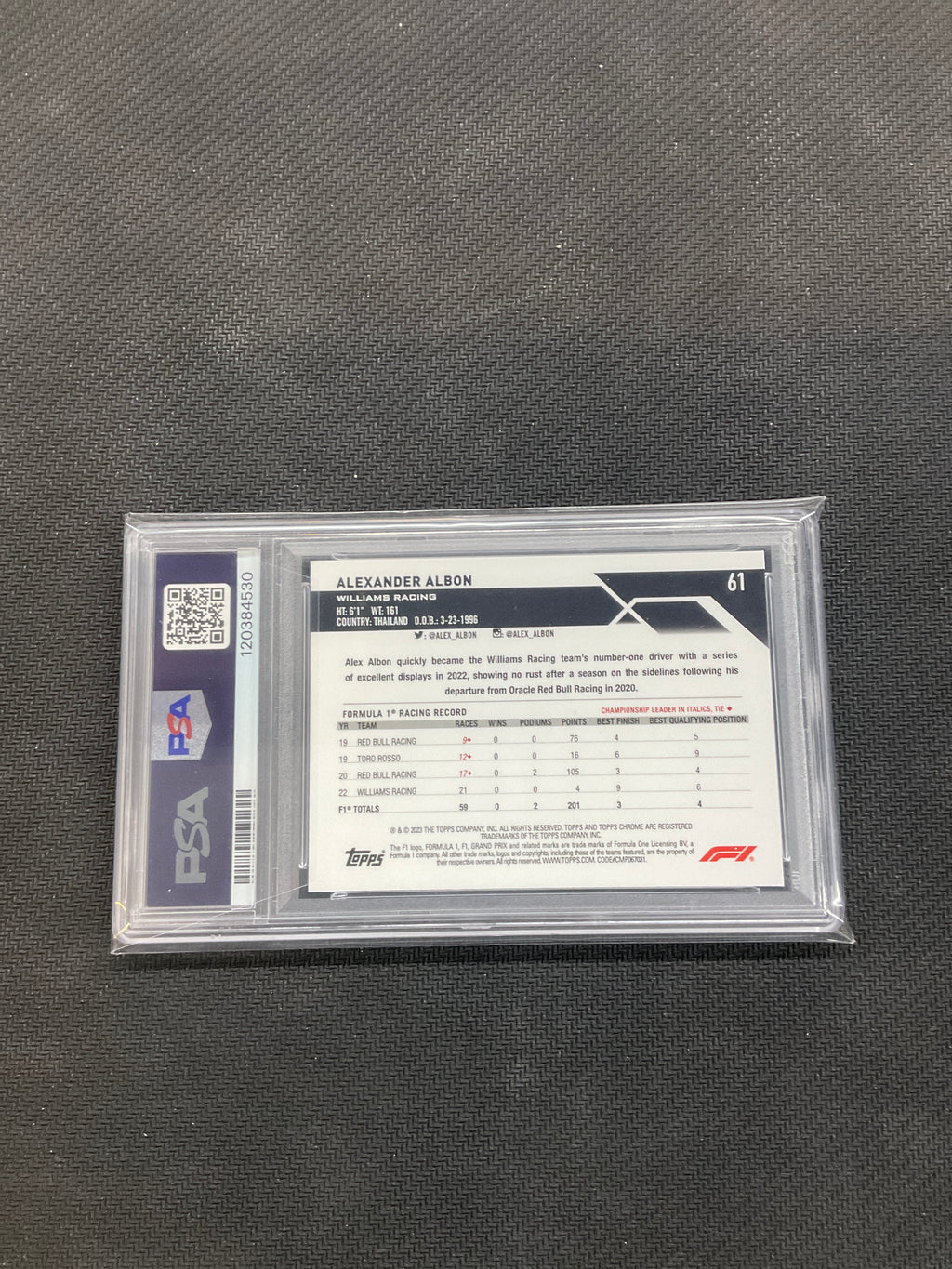 2023 Topps Chrome F1 Sapphire Alexander Albon Aqua /99 PSA 9