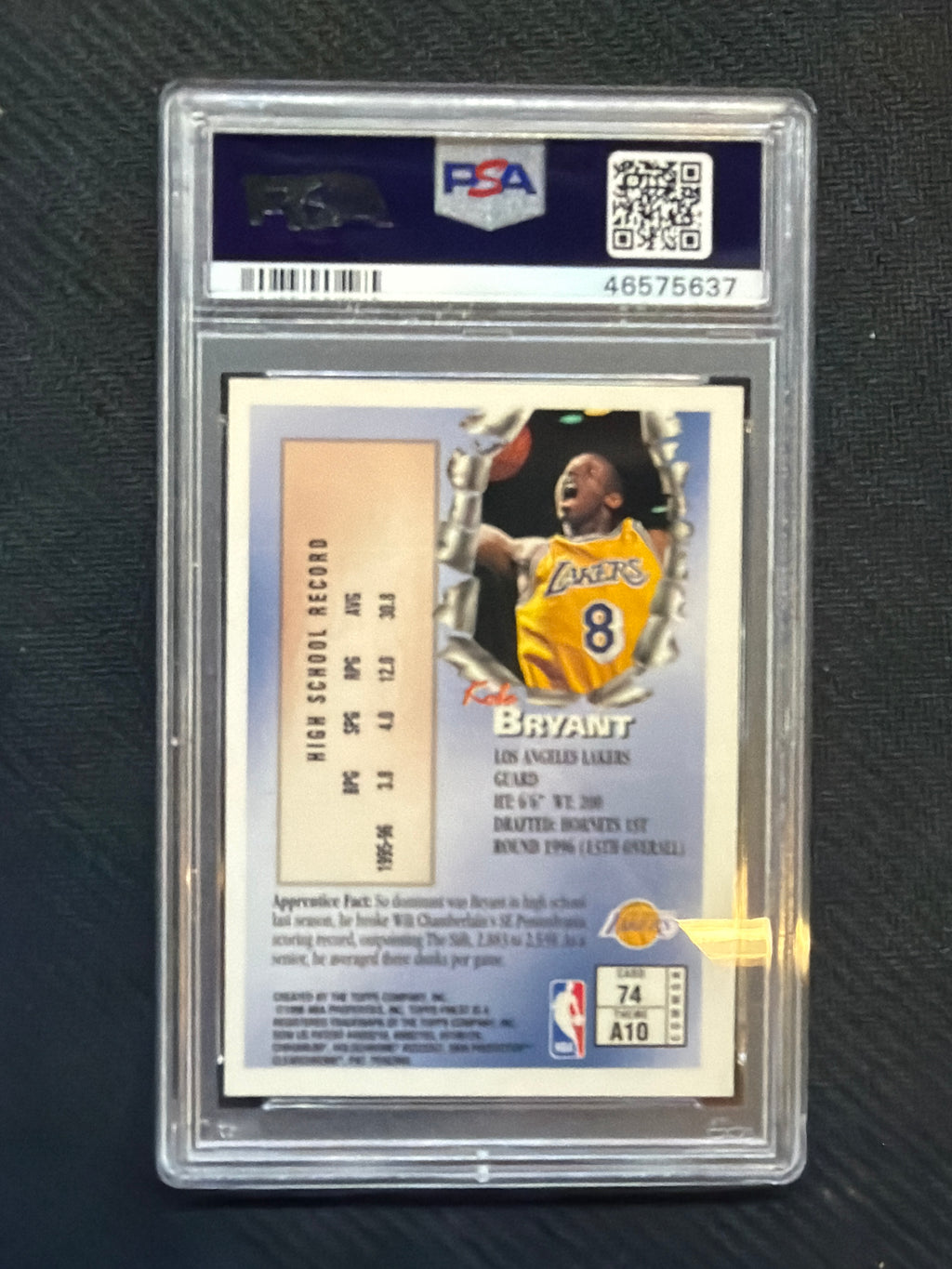 1996 Topps Finest Kobe Bryant Rookie W/Coating #74 PSA 9 637