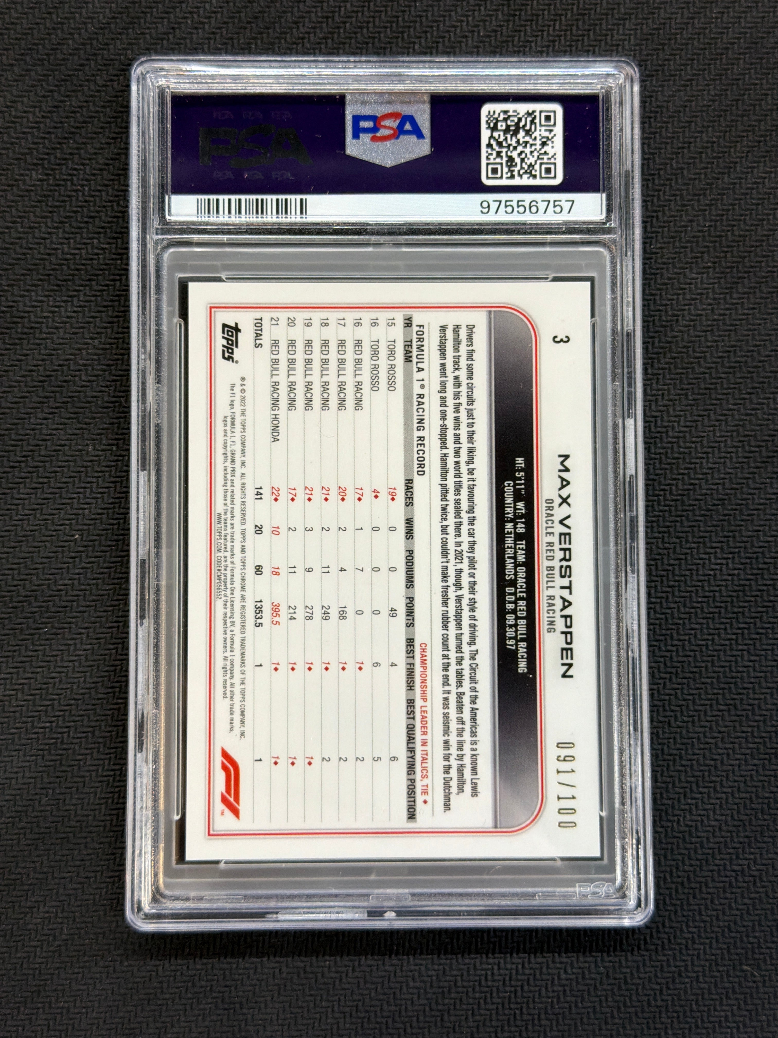 2022 Topps Chrome F1 Sapphire Max Verstappen SSP Sepia /100 PSA 10 757
