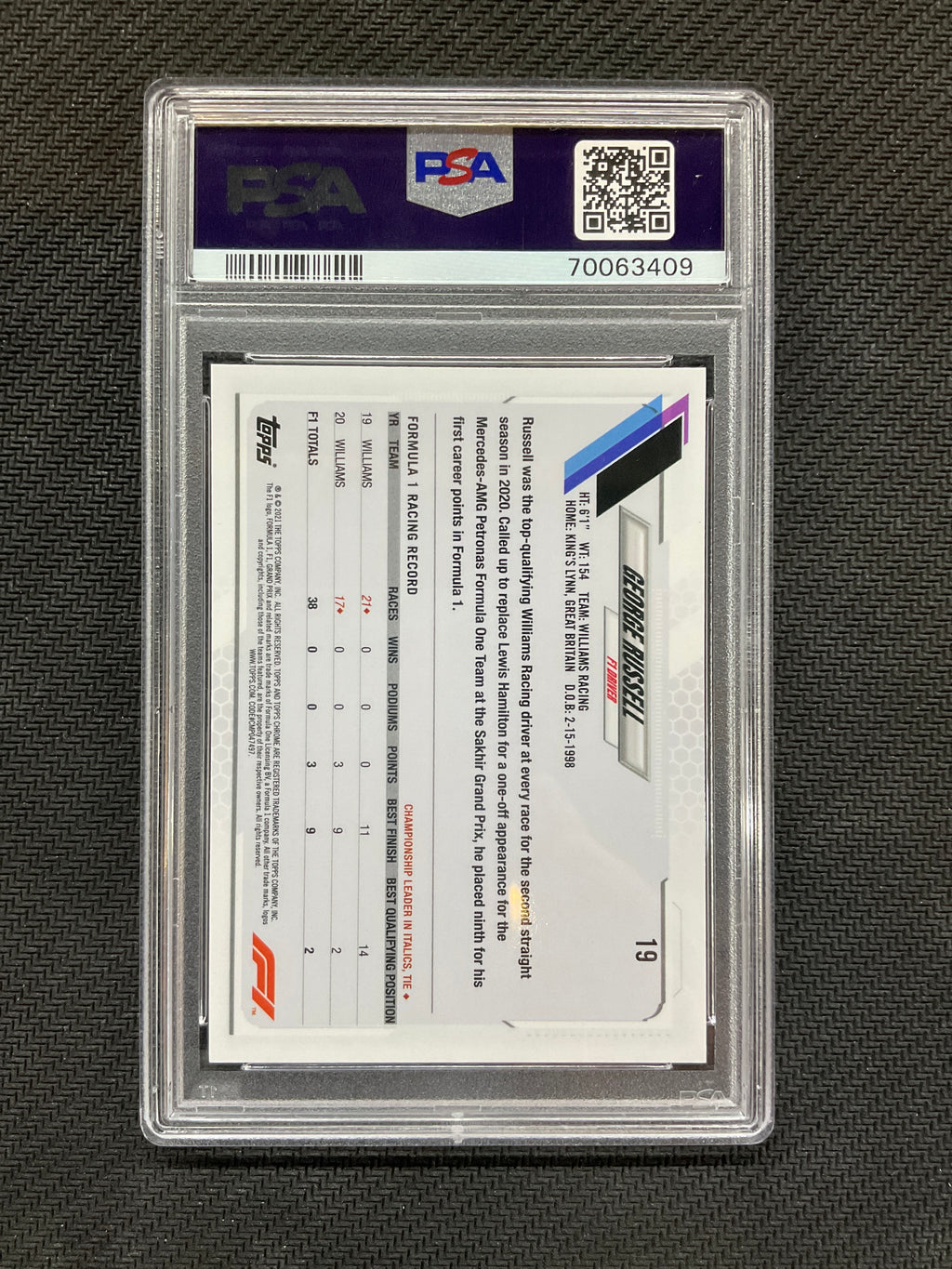2021 Topps Chrome F1 George Russell Orange Red Refractor PSA 10