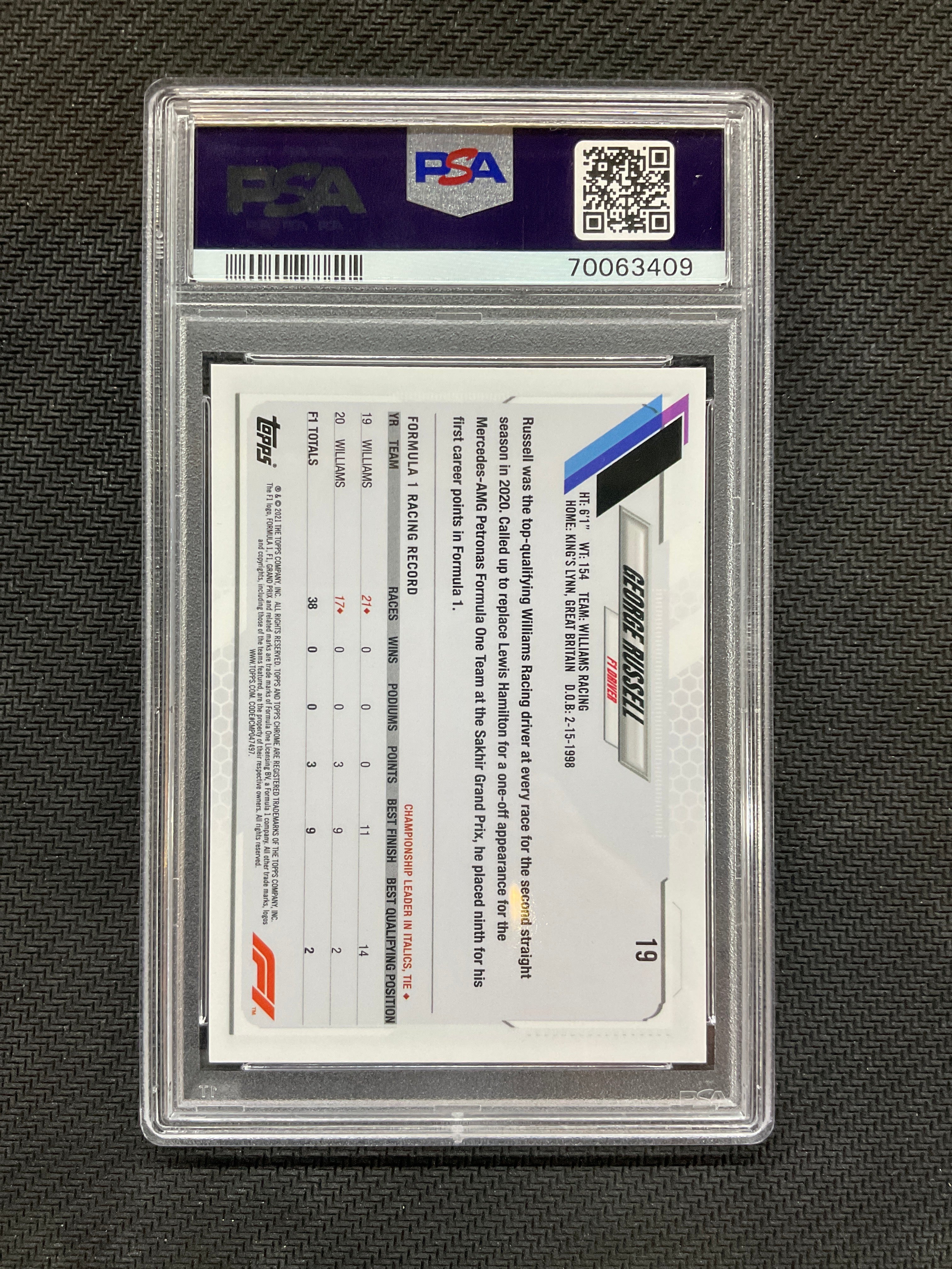2021 Topps Chrome F1 George Russell Orange Red Refractor PSA 10