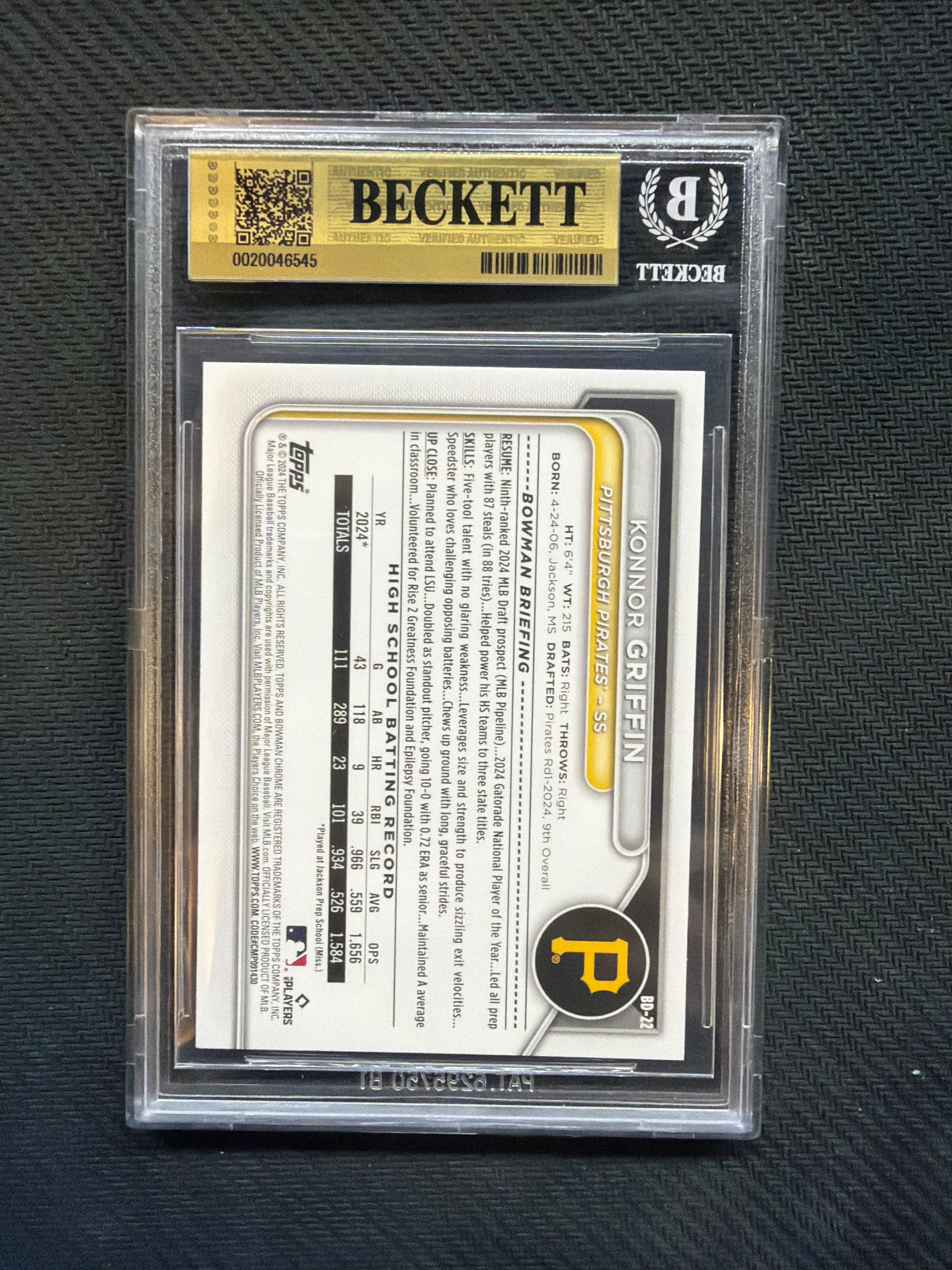 2024 Bowman Draft Konnor Griffin 1st Bowman BGS 10 Pirates