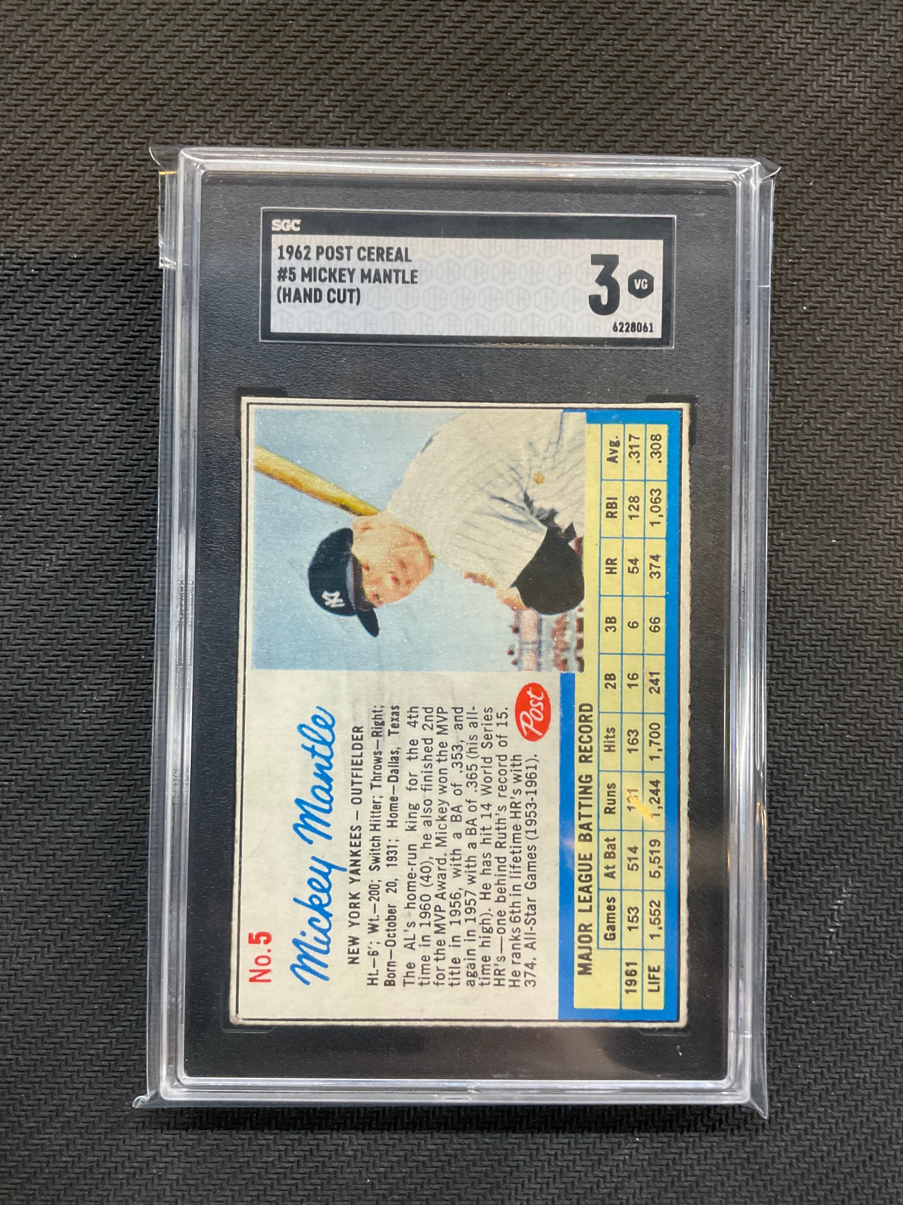 1962 Post Cereal #5 Mickey Mantle Hand Cut SGC 3 Yankees
