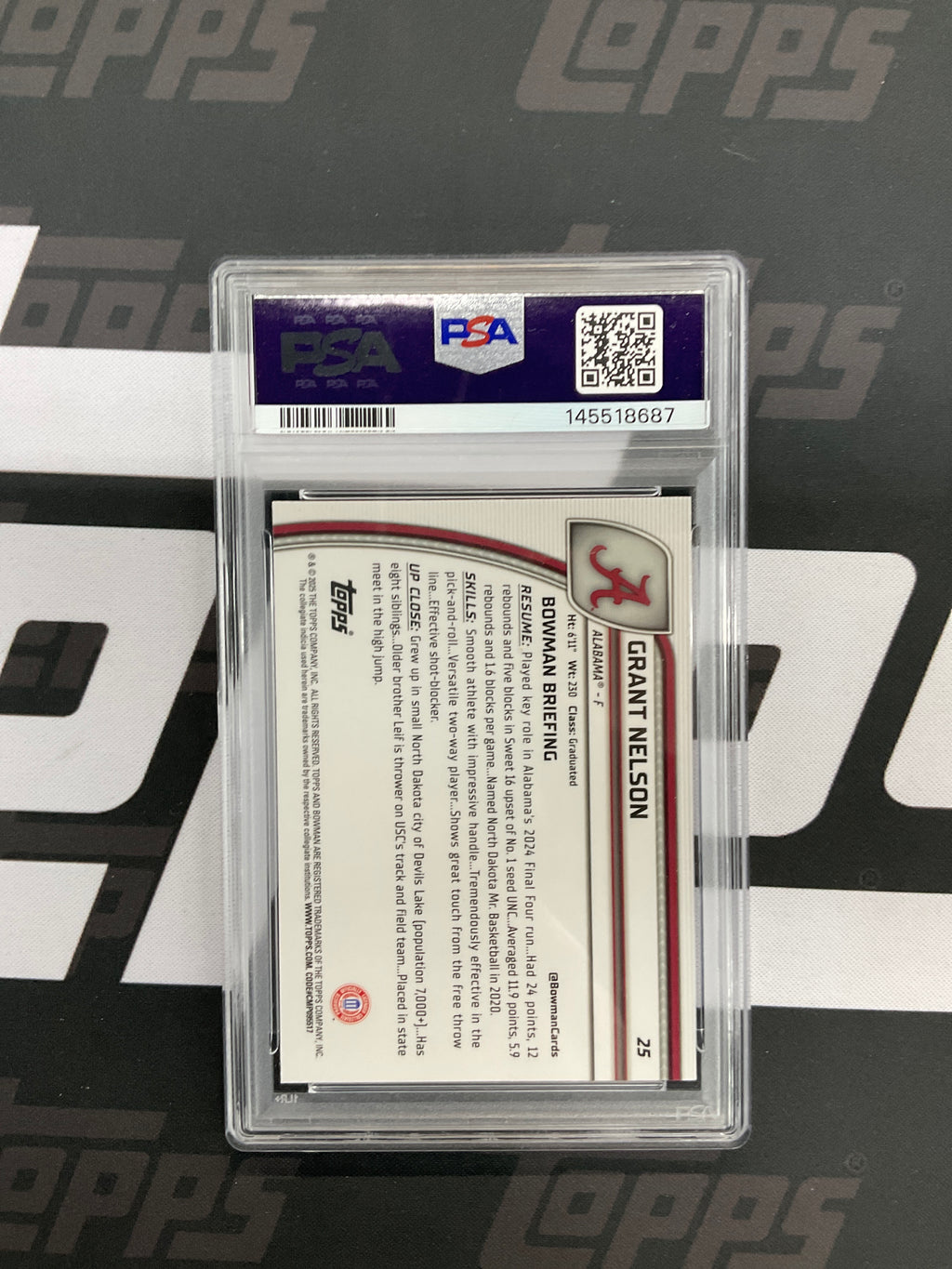 2024 Bowman U Grant Nelson Rookie Sky Blue PSA 9 Alabama