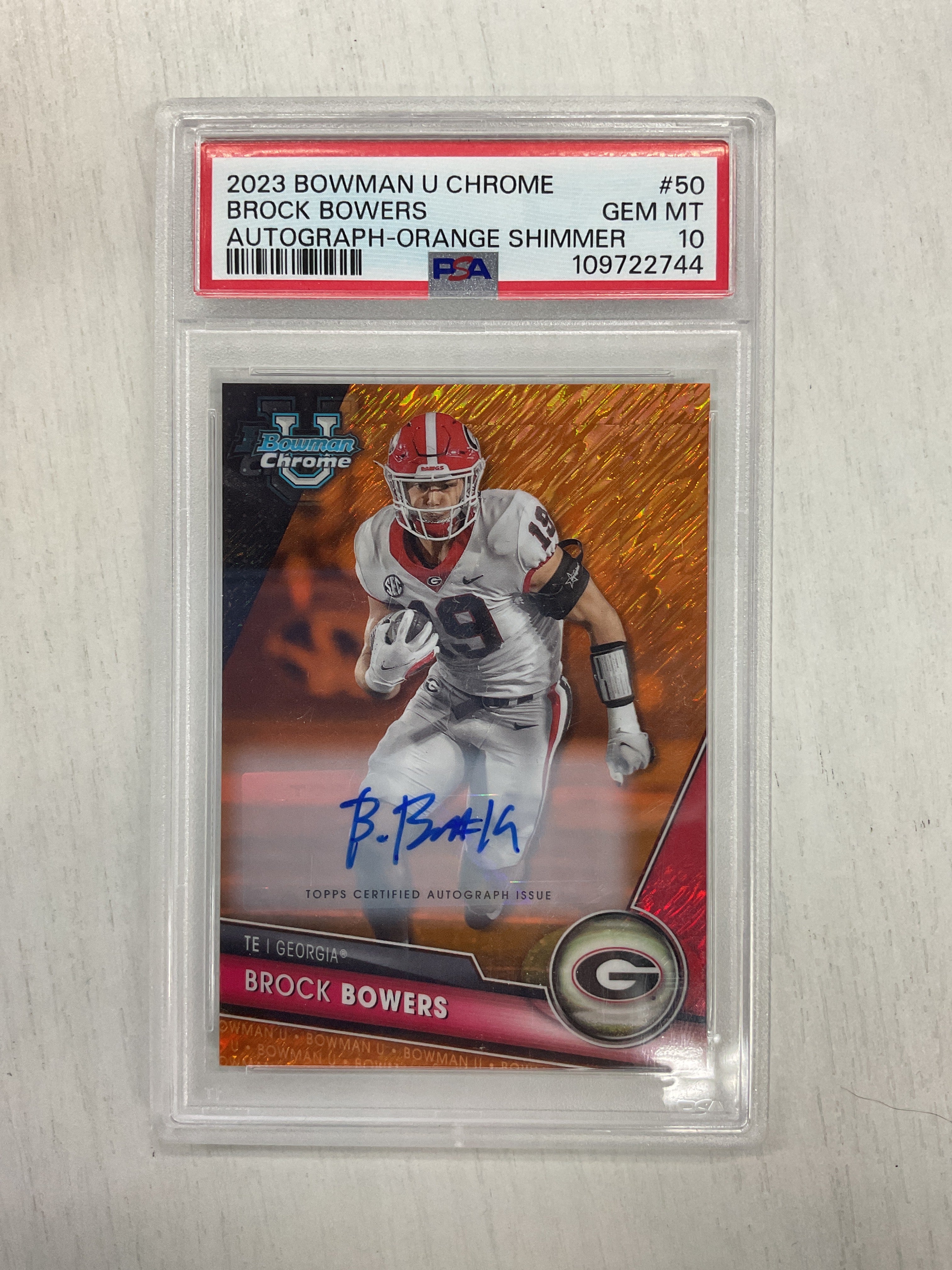 2023 Bowman U Chrome Brock Bowers Orange Shimmer /25 Auto PSA 10