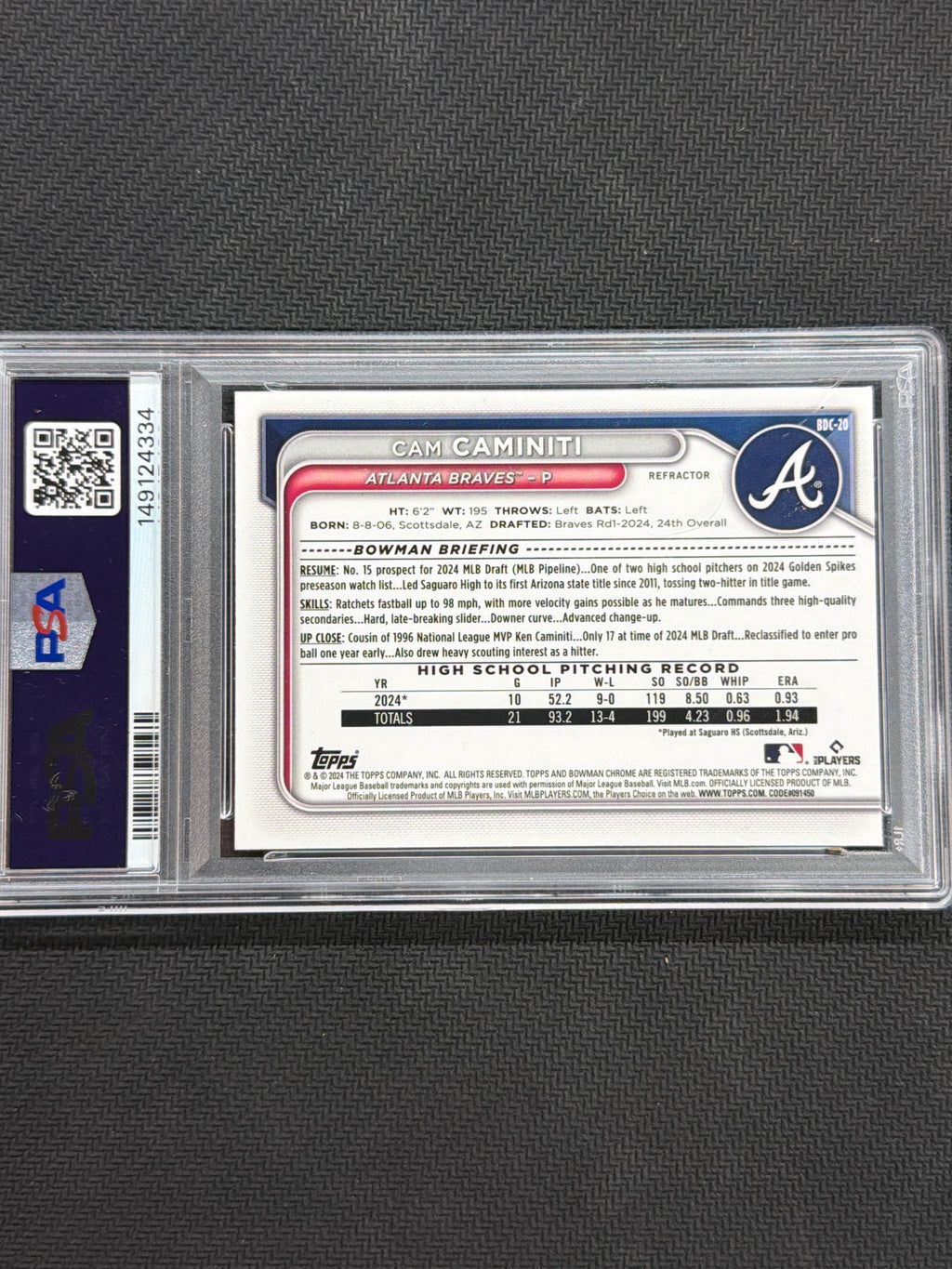 2024 Bowman Chrome Cam Caminiti 1st Refractor PSA 8 Braves