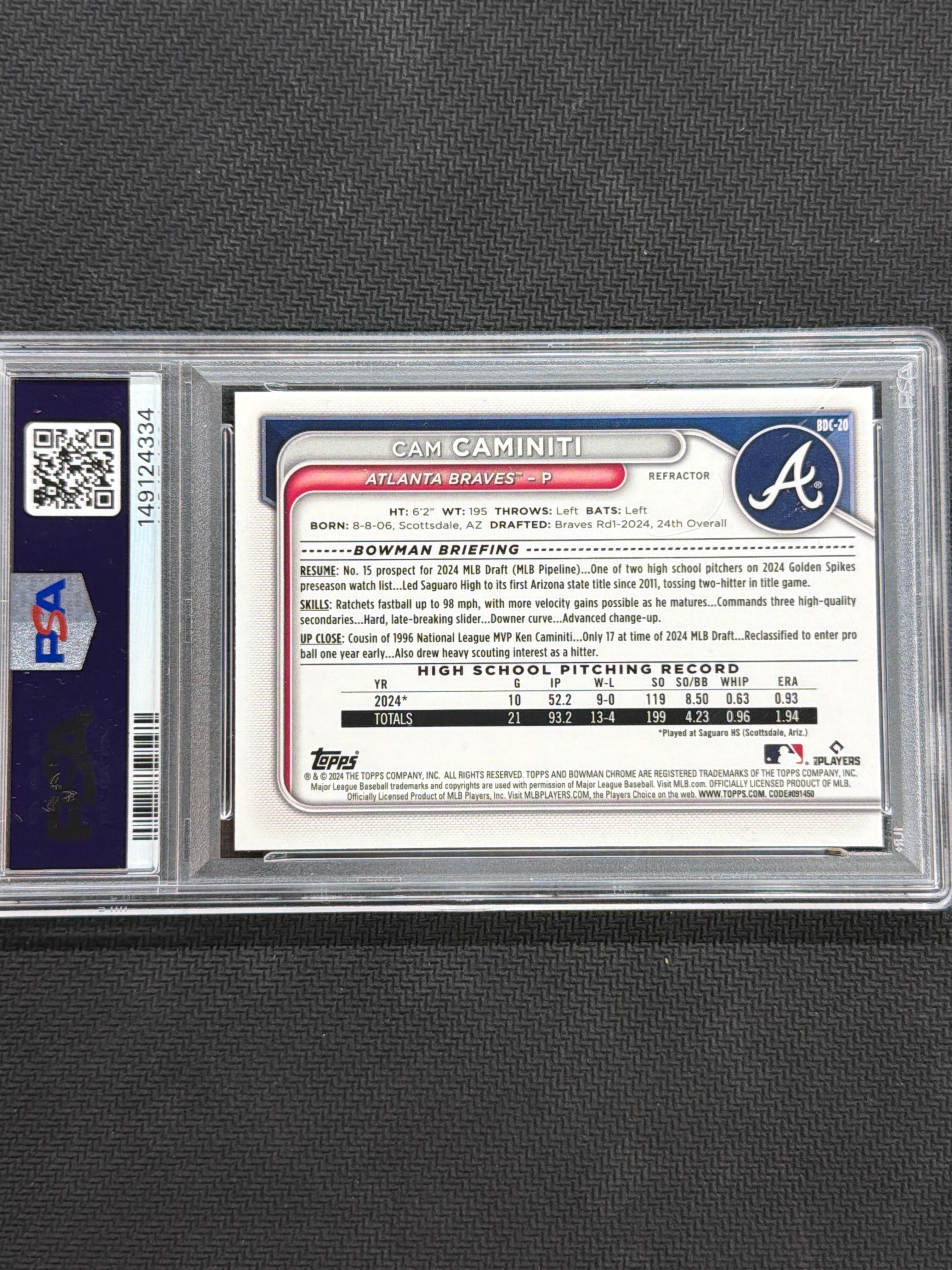 2024 Bowman Chrome Cam Caminiti 1st Refractor PSA 8 Braves
