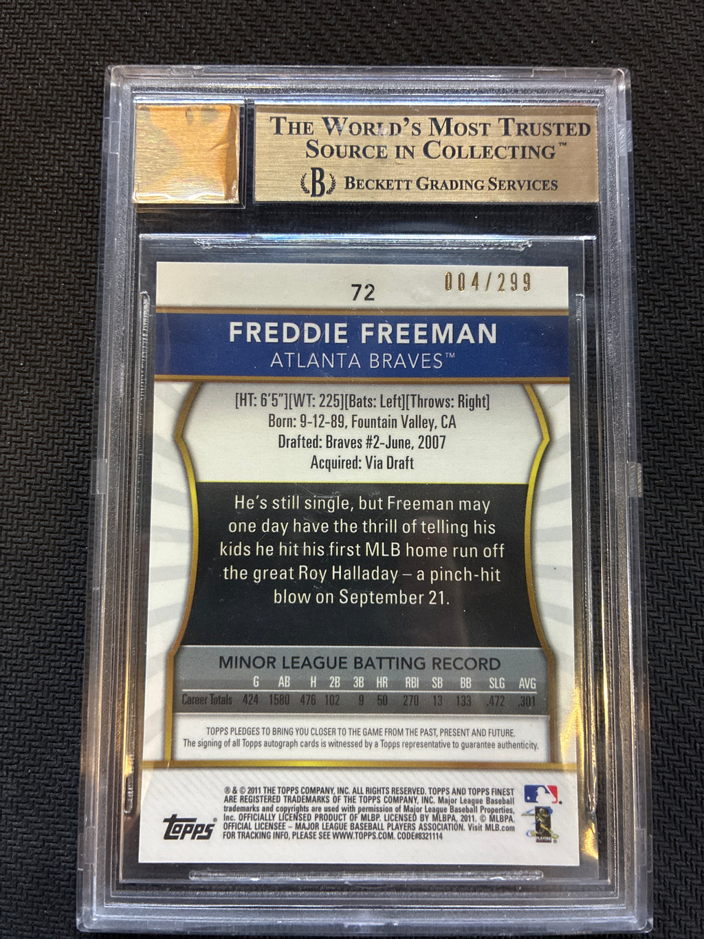 2011 Topps Finest Freddie Freeman Rookie Autographs X-Fractors /299 BGS 9.5/10 Braves