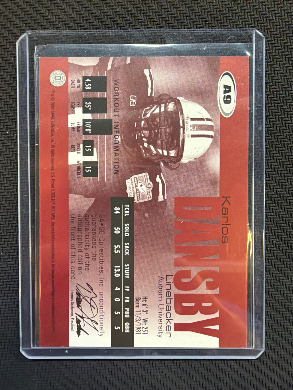 2004 Sage Karlos Dansby Rookie Auto Auburn