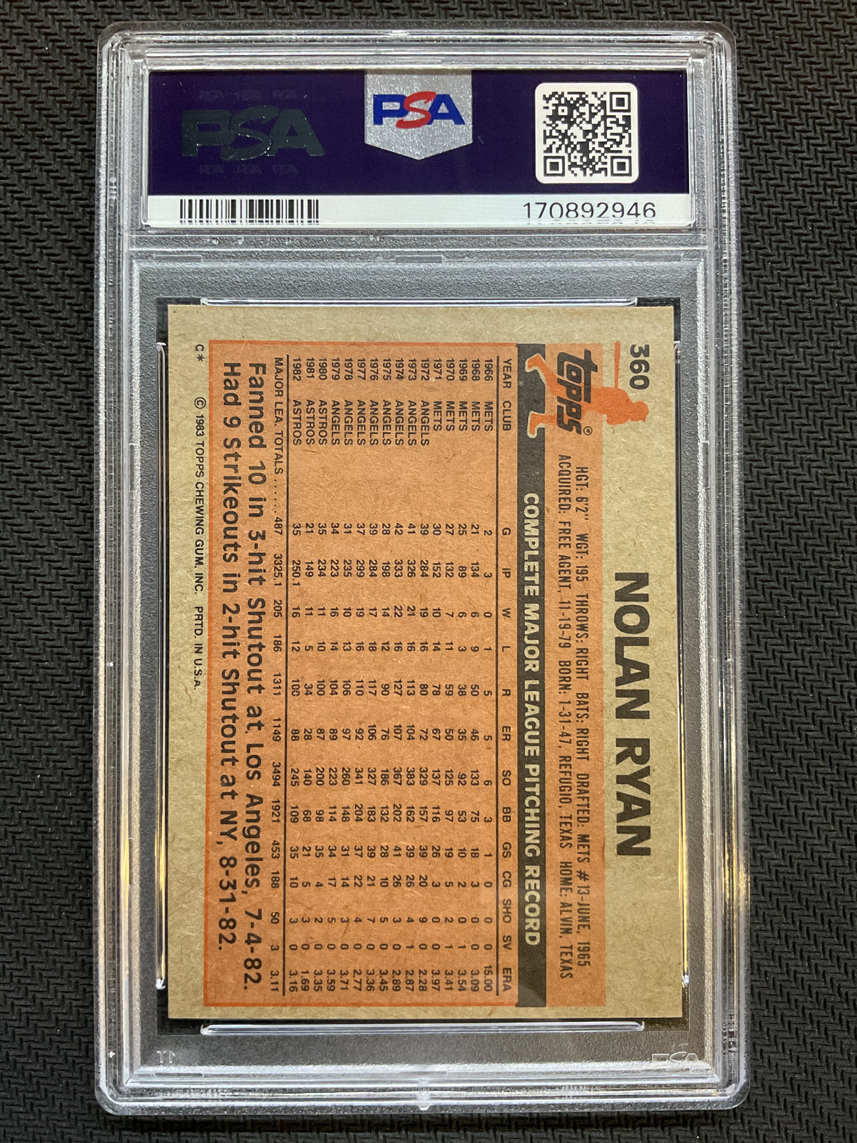 1983 Topps #360 Nolan Ryan PSA 6