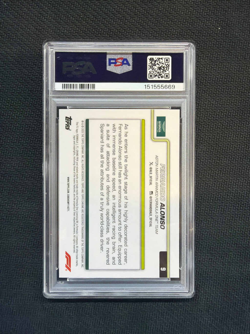 2025 Topps Chrome F1 Sapphire Fernando Alonso Yellow /75 PSA 10