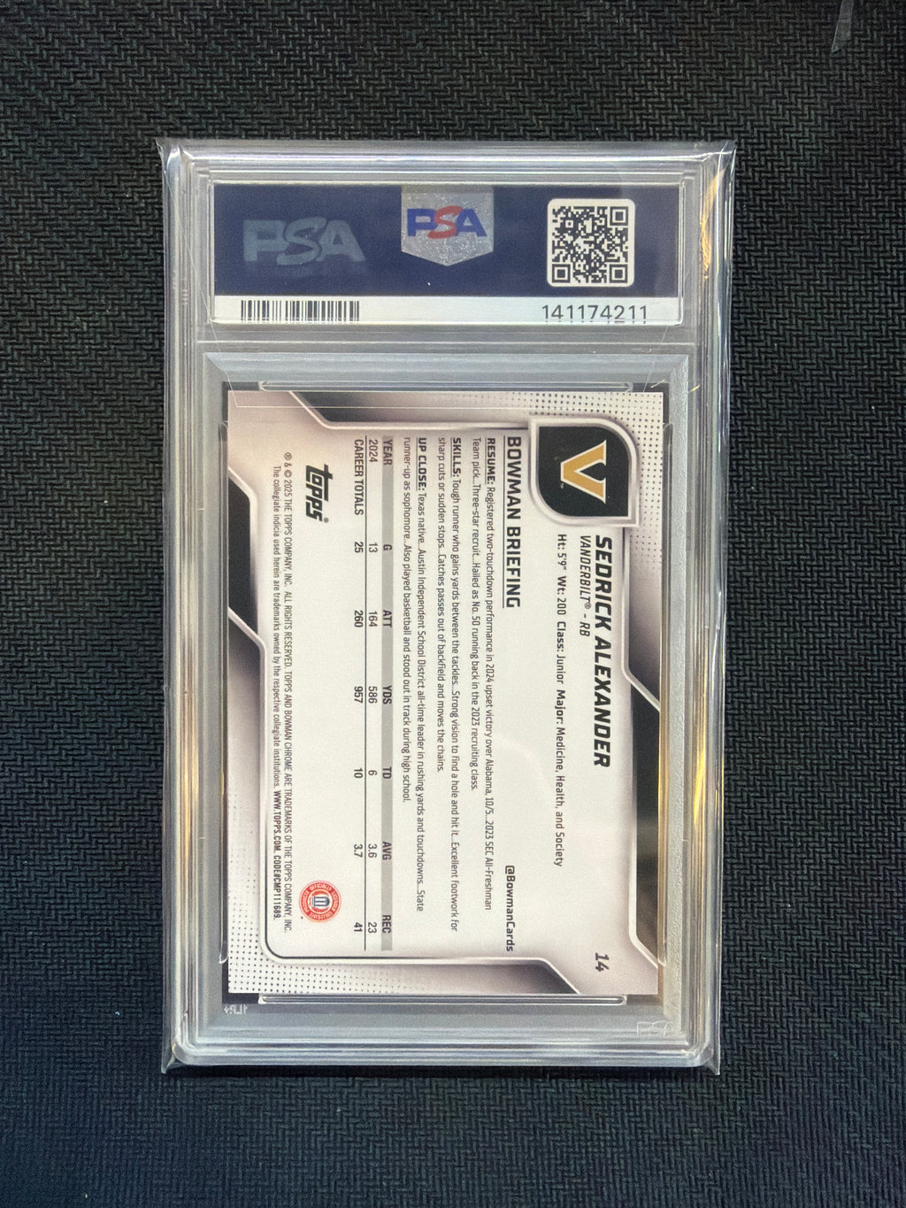 2025 Bowman U Chrome Sedrick Alexander Black & Gold Stealth /25 PSA 9 Vanderbilt