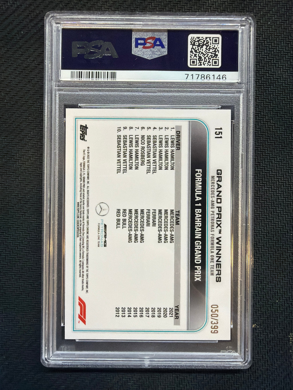 2022 Topps Chrome F1 Lewis Hamilton Purple /399 PSA 10 146