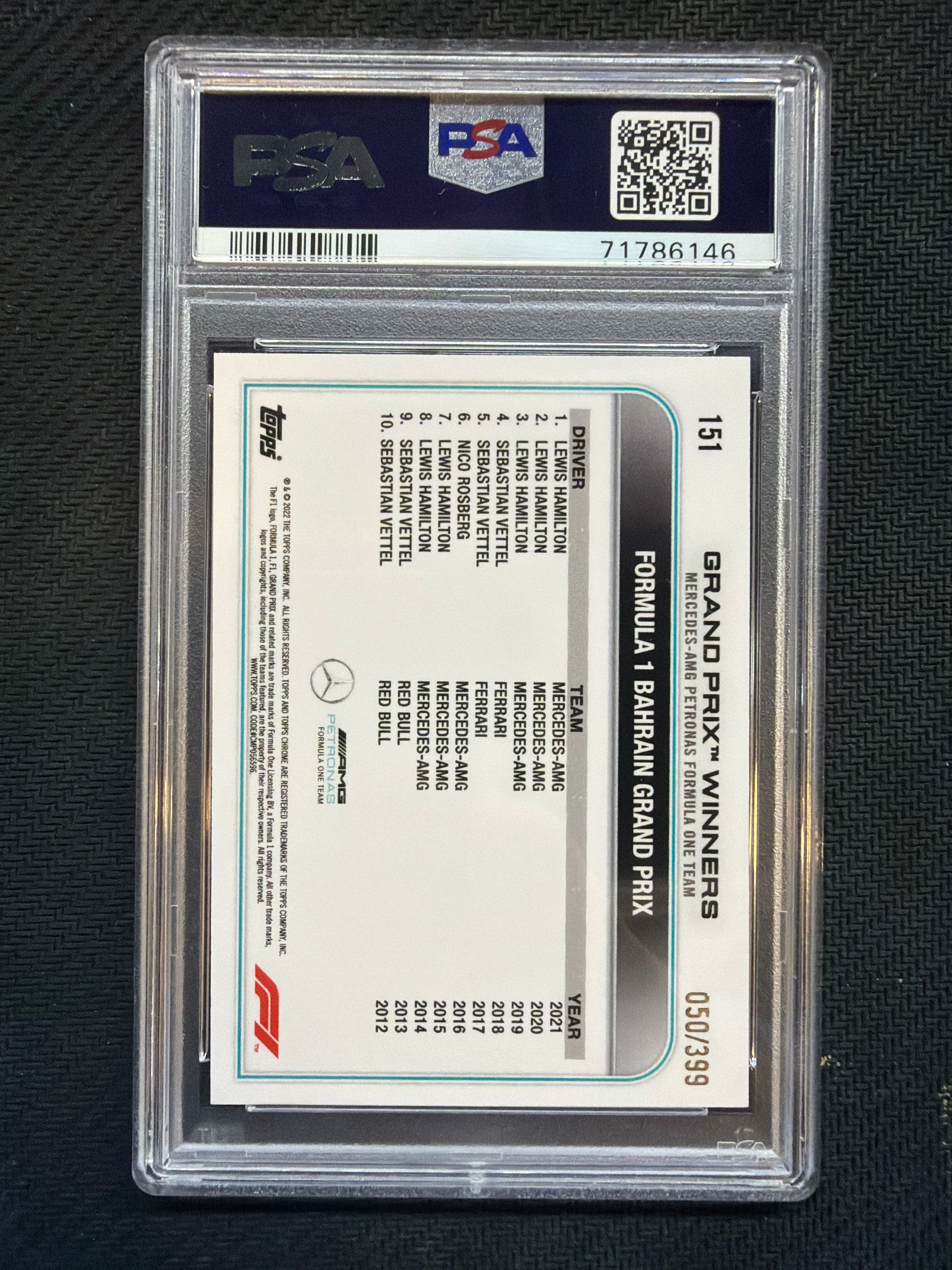 2022 Topps Chrome F1 Lewis Hamilton Purple /399 PSA 10 146