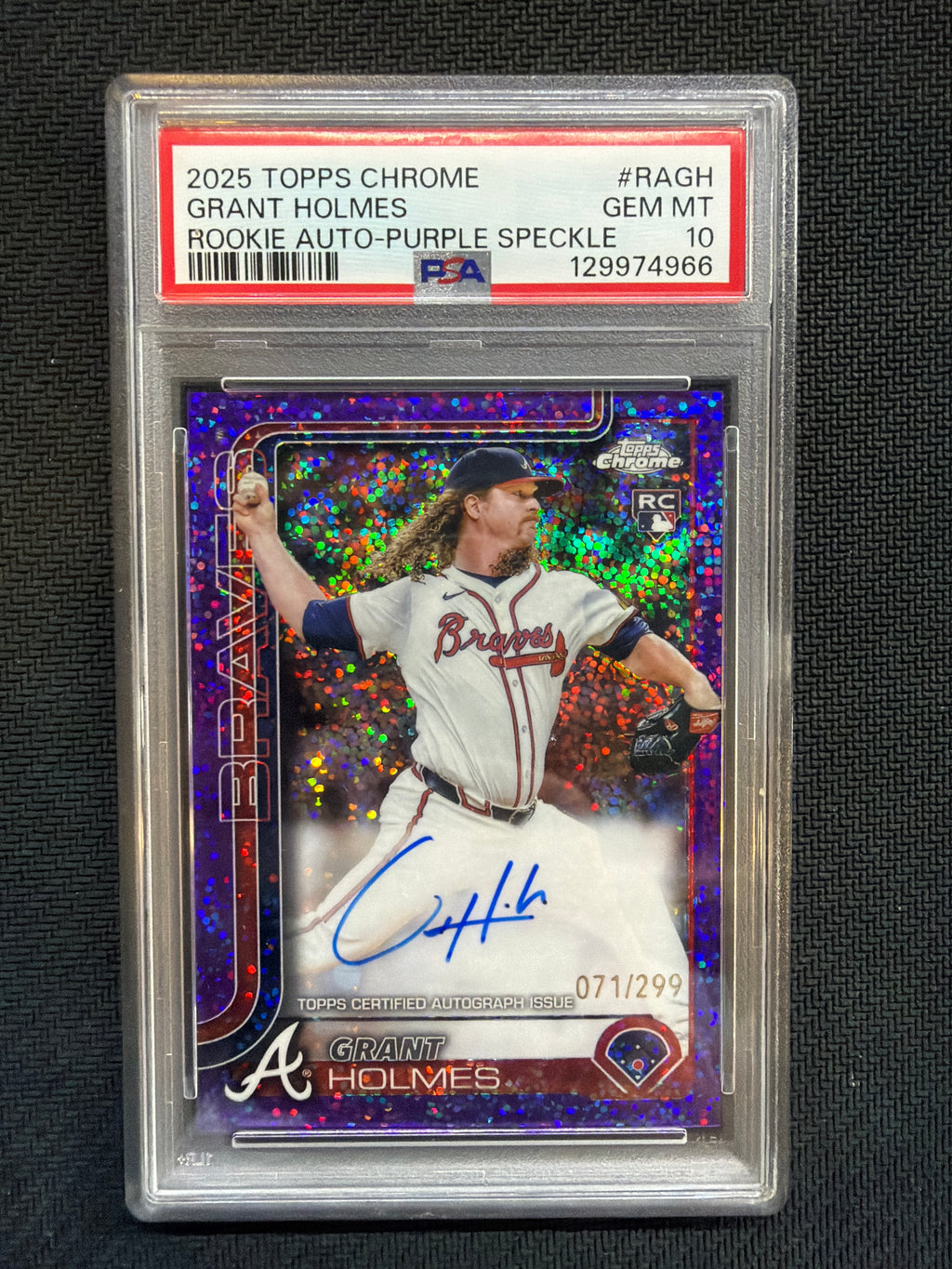 2025 Topps Chrome Grant Holmes Rookie Auto Purple Speckle /299 PSA 10 Braves