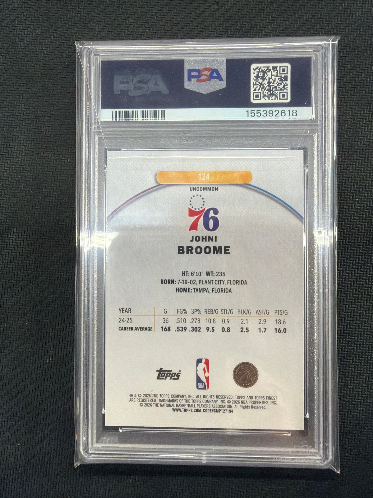 2025 Topps Finest Johni Broome Sky Blue /250 Rookie PSA 9 76ers