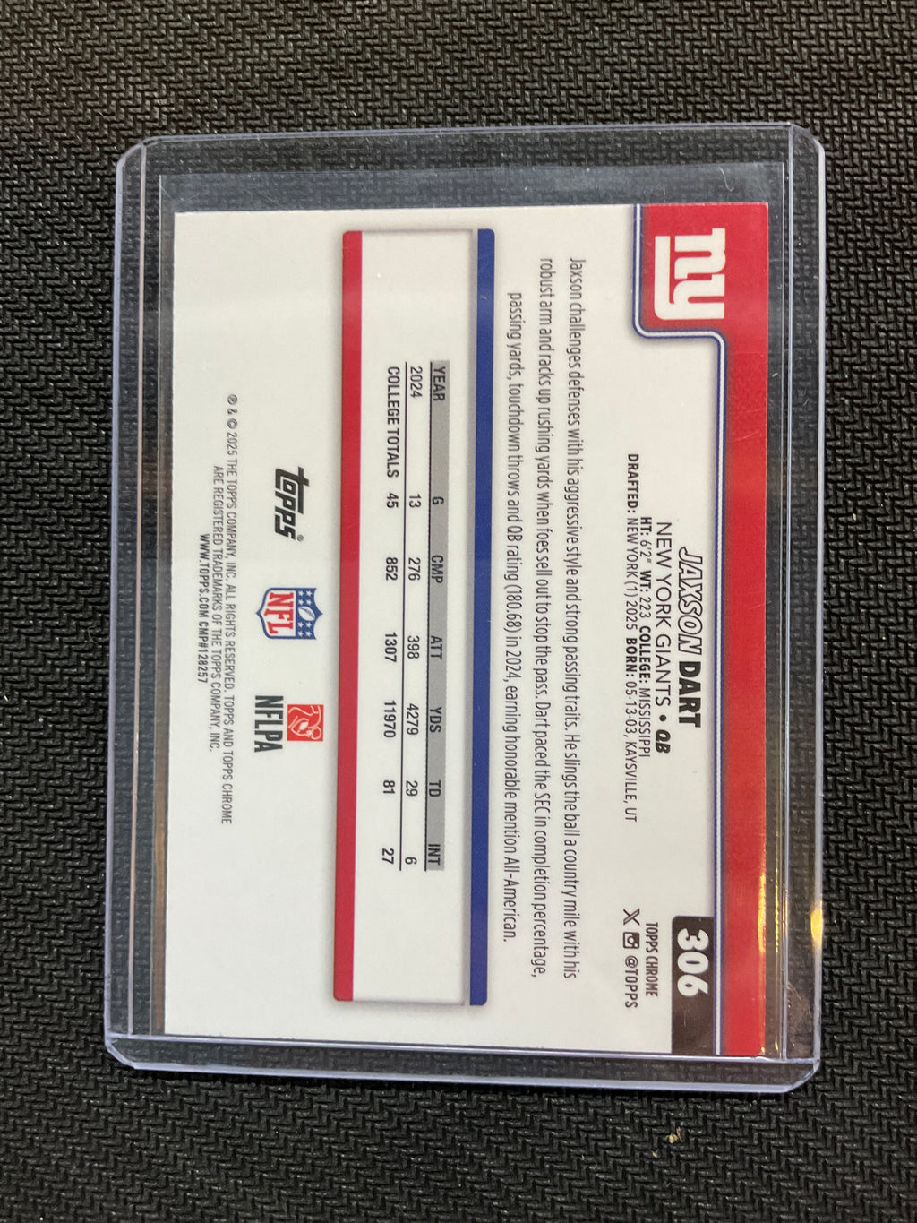 2025 Topps Chrome Jaxson Dart Green Lava Rookie /99 Giants